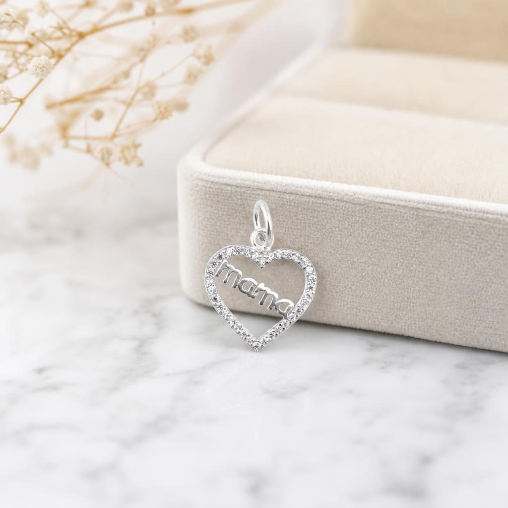 Pandantiv din Argint 925, Jolie Silver, pentru Dama, Model Mama in Inima cu Pietre de Zirconiu Cubic, 1.25 g, 2 x 1 cm, Argintiu