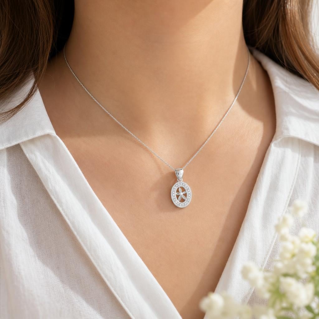 Pandantiv din Argint 925, Floare in Oval cu Zirconii, 1.07 g, Jolie Silver 2