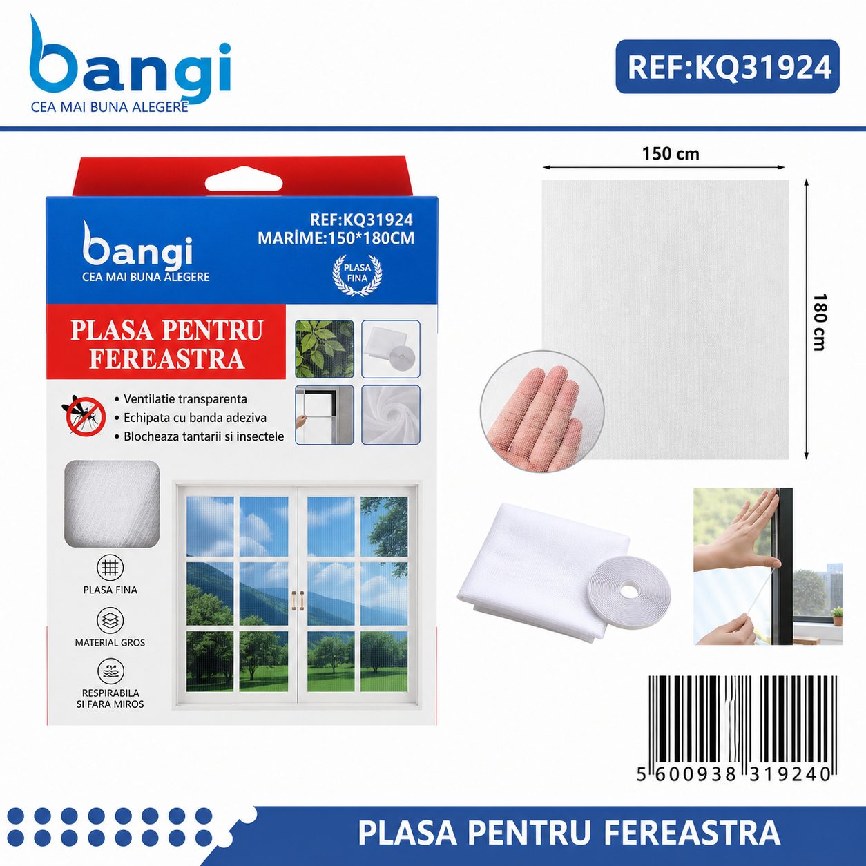 Plasa de Tantari pentru Geam, , Dimensiune 150x180 cm, Protectie Impotriva Insectelor, Montaj Simplu, Material Rezistent si Aerisire Eficienta, Alb 2