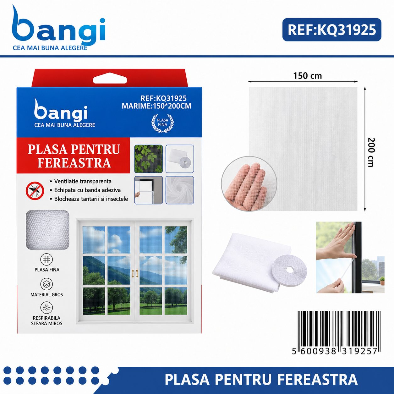 Plasa de Tantari pentru Geam, , Dimensiune 150x200 cm, Protectie Impotriva Insectelor, Montaj Simplu, Material Rezistent si Aerisire Eficienta, Alb 2