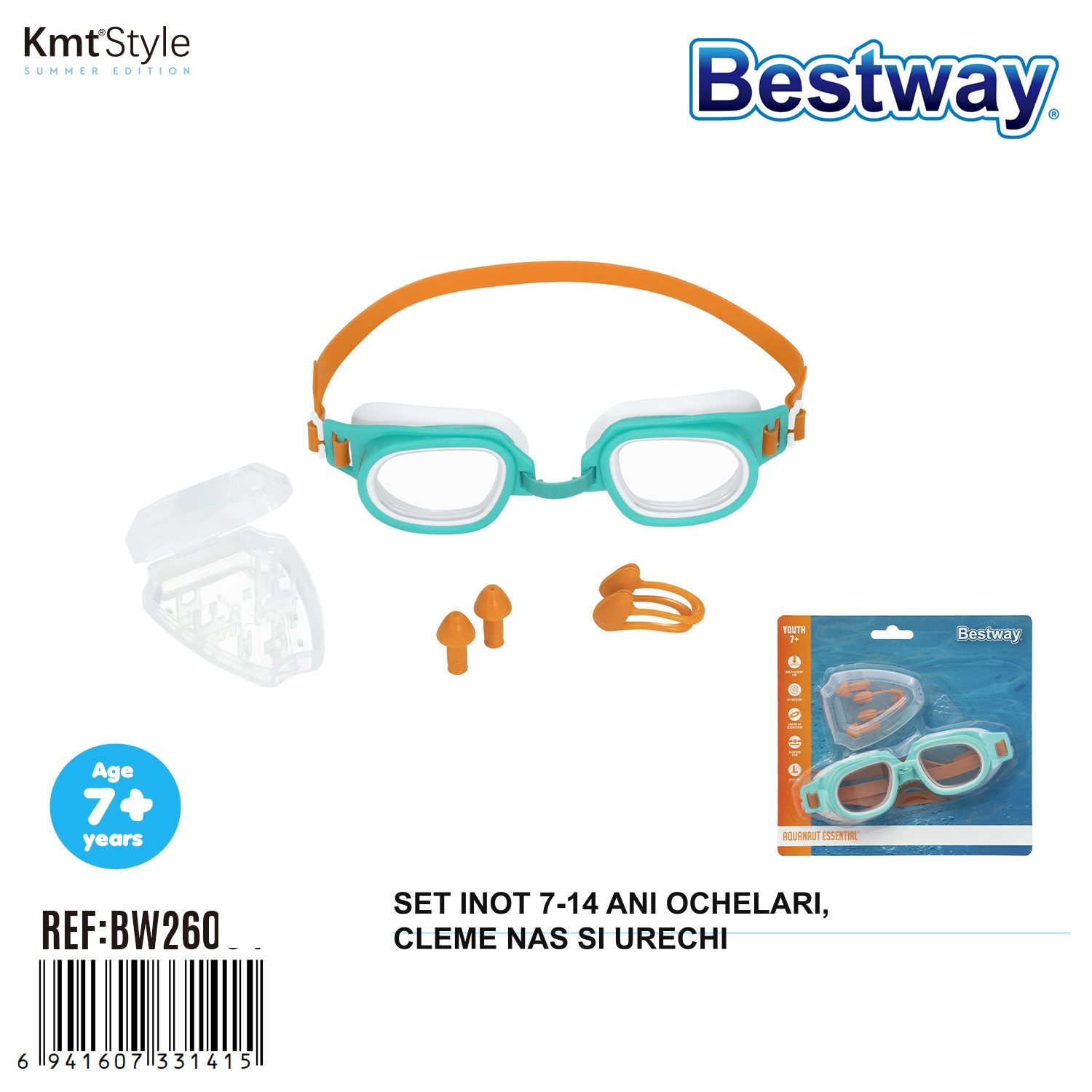 Set complet pentru inot cu ochelari, dopuri de urechi si clema de nas din silicon, lentile anti-ceata si cutie de depozitare incluse., , Model pentru Copii 7-14 Ani,Multicolor 2