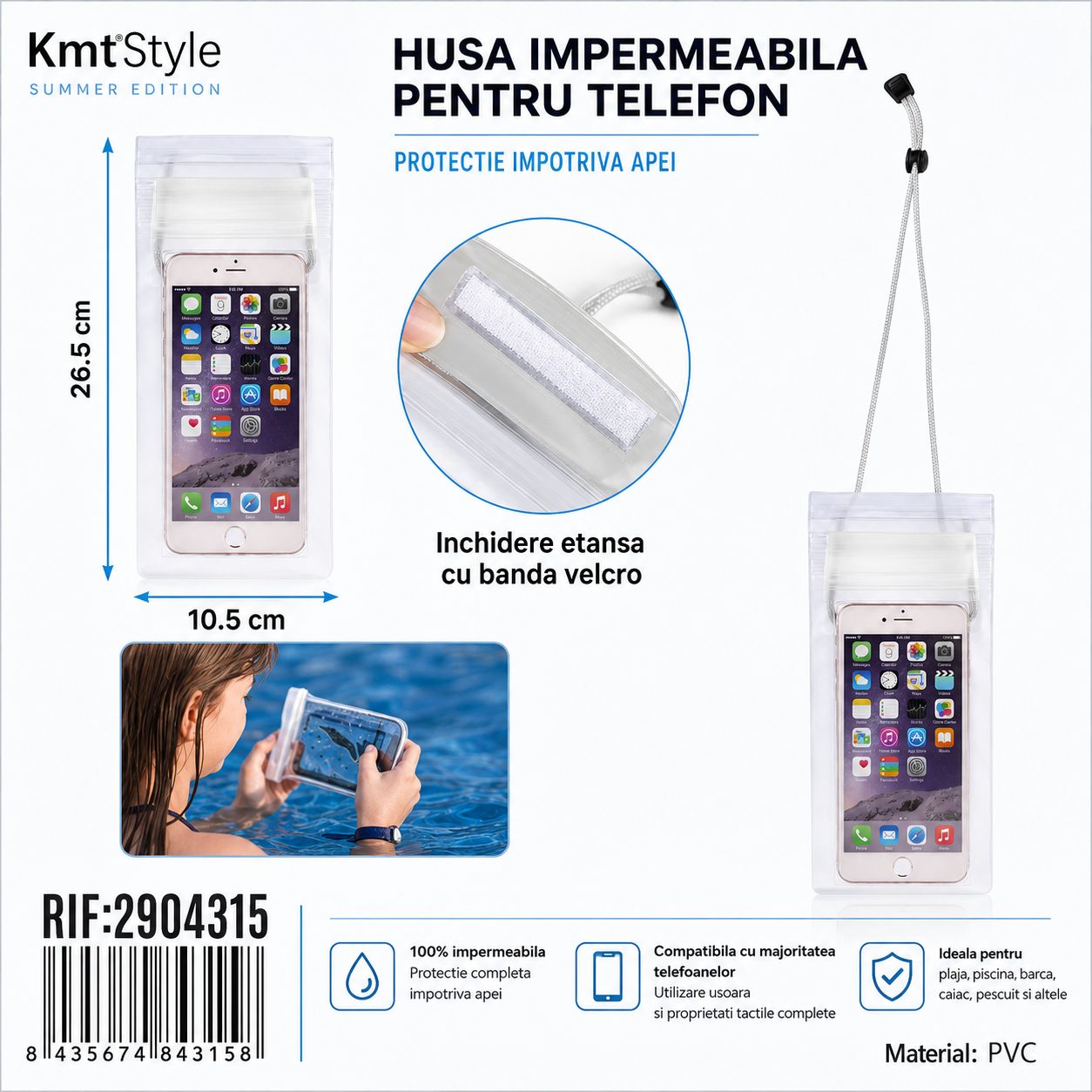 Husa Impermeabila pentru Telefon, , Summer Edition, Inchidere Etansa cu Banda Velcro, Snur de Gat, PVC, 10.5 x 26.5 cm, Transparenta 2