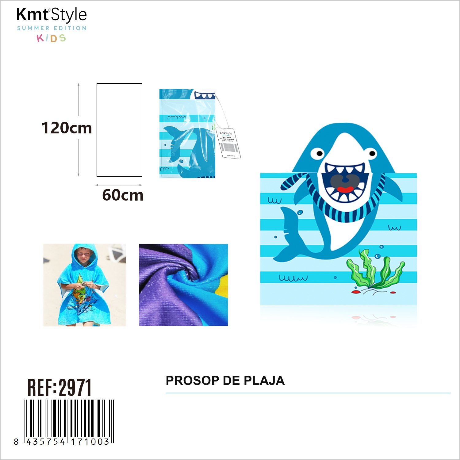Prosop de Plaja, , Model Rechin, Material Textil Usor si Absorbant, Uscare Rapida, Atingere Placuta si Confort dupa Baie sau Inot, Ideal pentru Plaja, Picnic, Piscina, Camping si Vacante, Dimensiuni 60 x 120 cm / 120 cm, Albastru 2