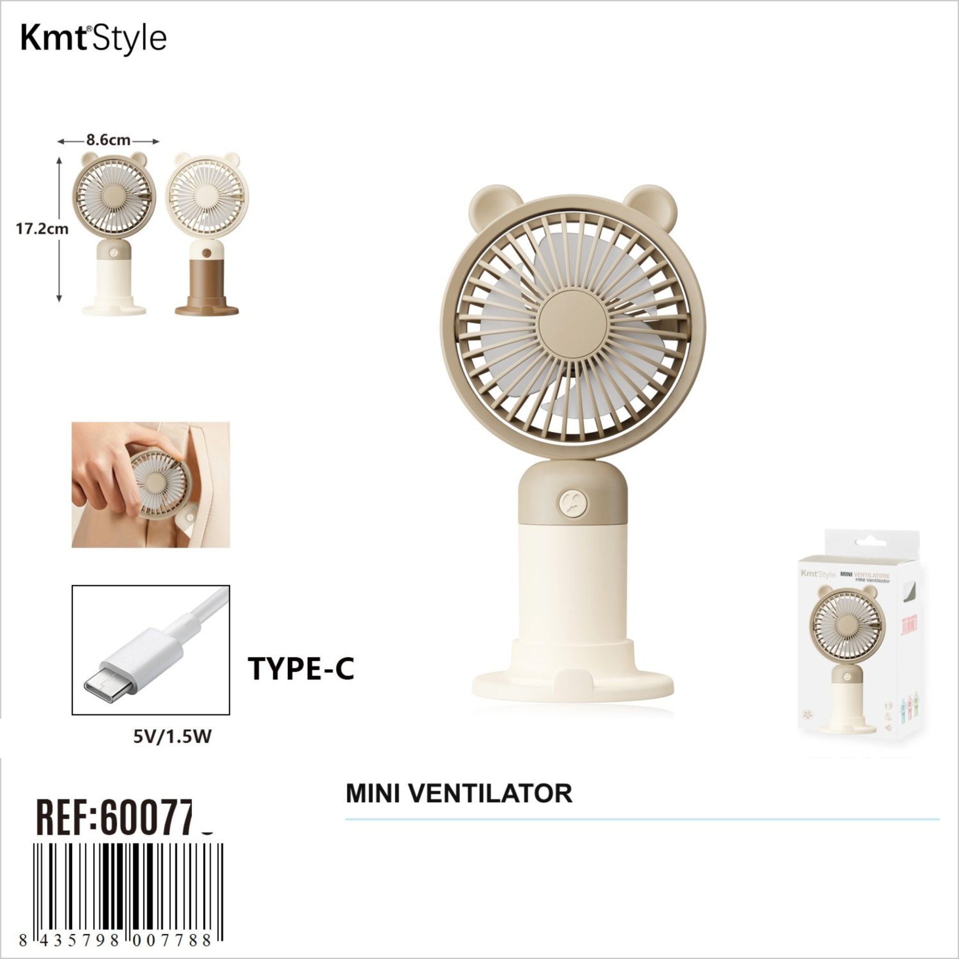 Mini Ventilator Portabil, , Model Compact si Portabil, Alimentare USB 5V, Flux de Aer Racoritor, Utilizare Usoara si Confort in Zilele Calduroase, Ideal pentru Birou, Camera, Masina, Calatorii si Vara, 17.2 x 8.6 cm, Crem 2