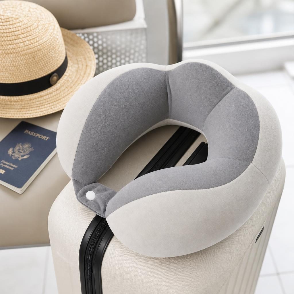 Perna de Voiaj Flippy, Pentru Gat, din Bumbac, 4 Cocoase Pentru Confort, Accesoriu de Voiaj, Birou, Masina, Sistem Prindere Capse, Gri inchis