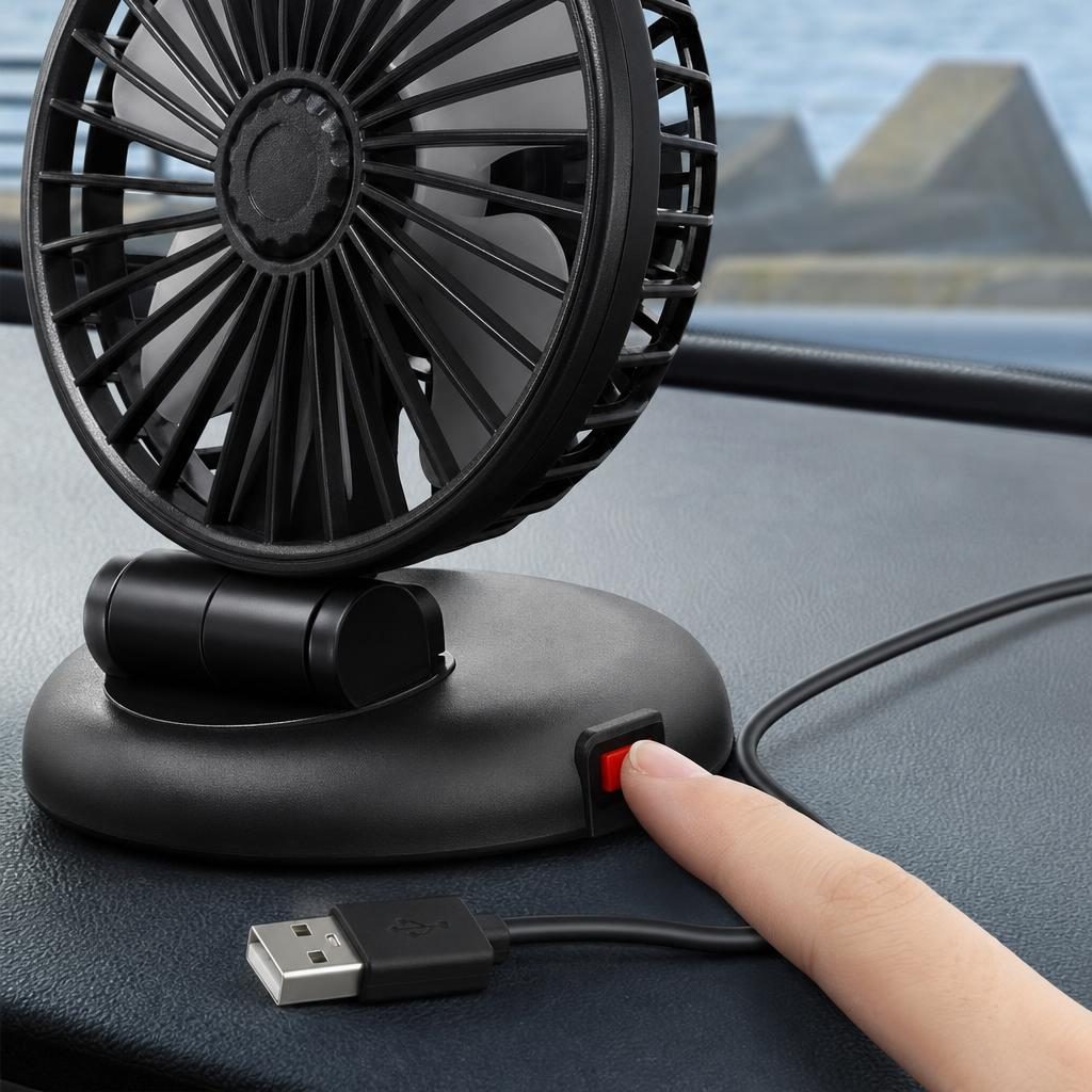 Mini Ventilator Auto cu Alimentare USB, Flippy, Unghi Reglabil si Baza Stabila, pentru Bord Masina, 5V, 0.8A, 4W, 10 x 14 cm, Negru