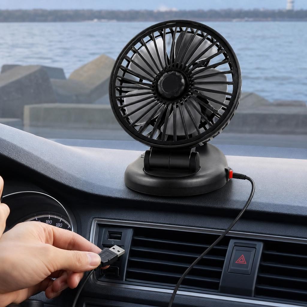 Mini Ventilator Auto cu Alimentare USB, Flippy, Unghi Reglabil si Baza Stabila, pentru Bord Masina, 5V, 0.8A, 4W, 10 x 14 cm, Negru