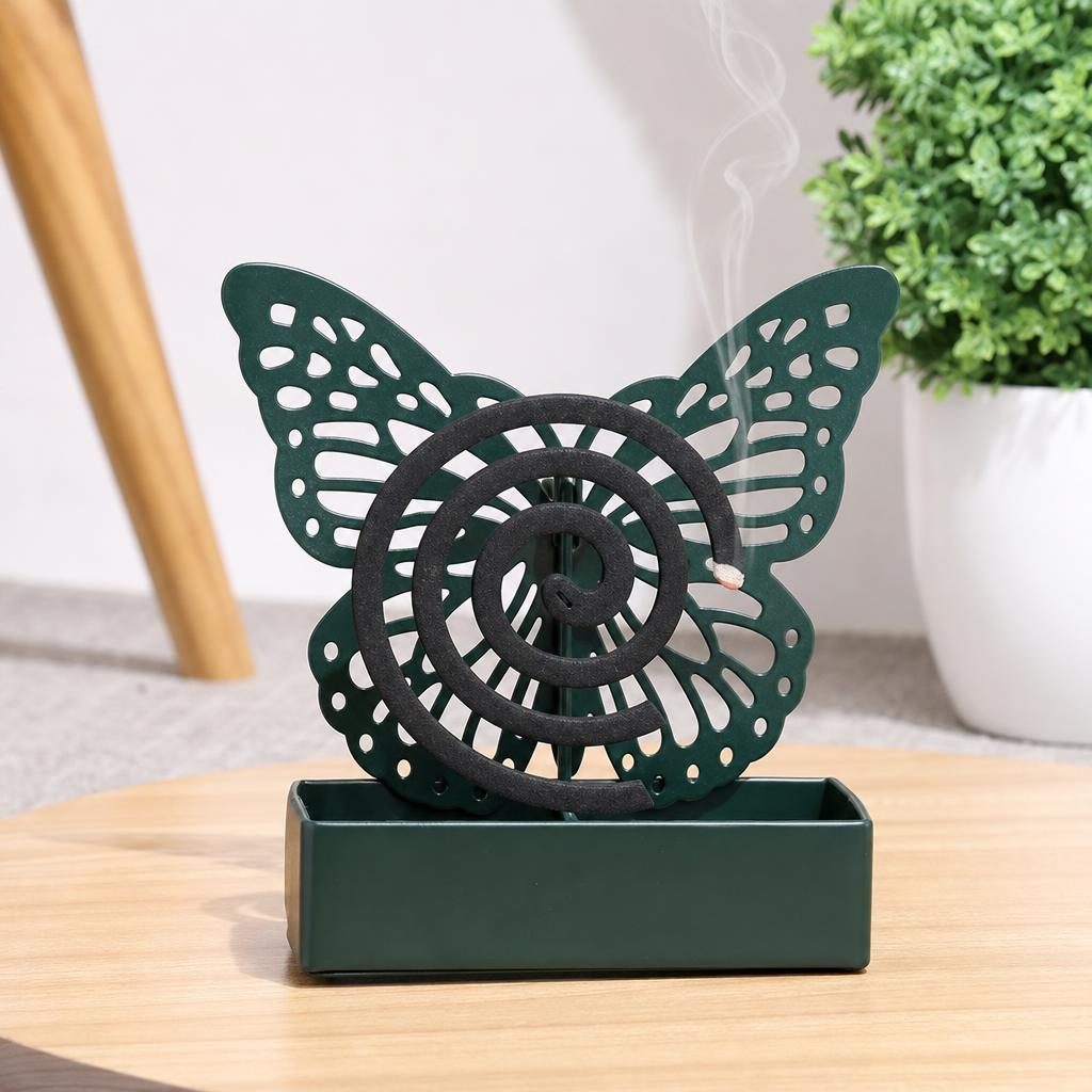 Suport Metalic pentru Spirala Anti-Tantari, , Model Decorativ Fluture, Baza Stabila pentru Ardere, Utilizare Interior si Exterior, 13.5 x 4.5 x 16 cm, Verde 3