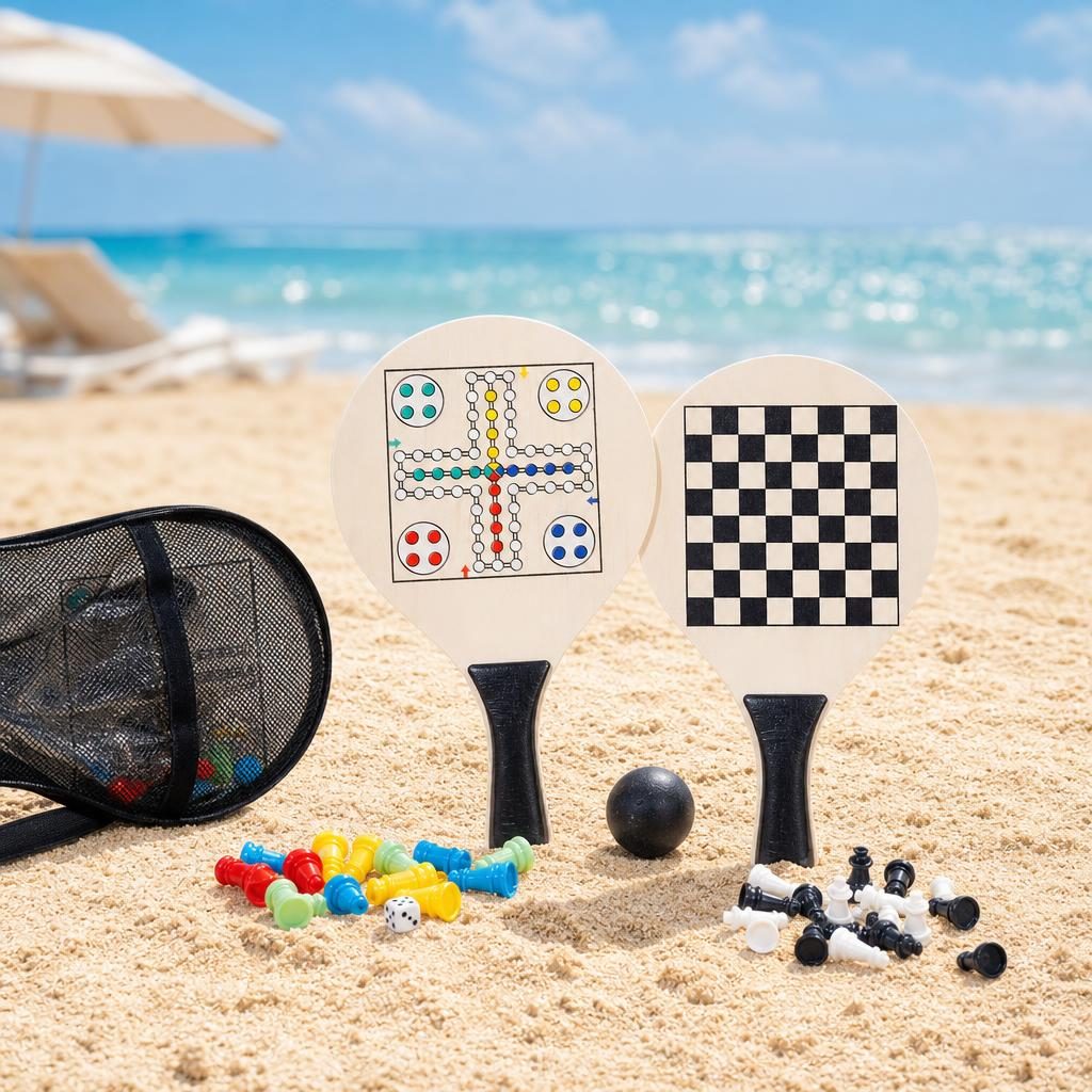 Racheta de Plaja Multifunctionala, Flippy, Paleta cu Jocuri Integrate Sah si Nu Te Supara Frate, Minge si Piese de Joc Incluse, 23.5 x 38 cm, Multicolor