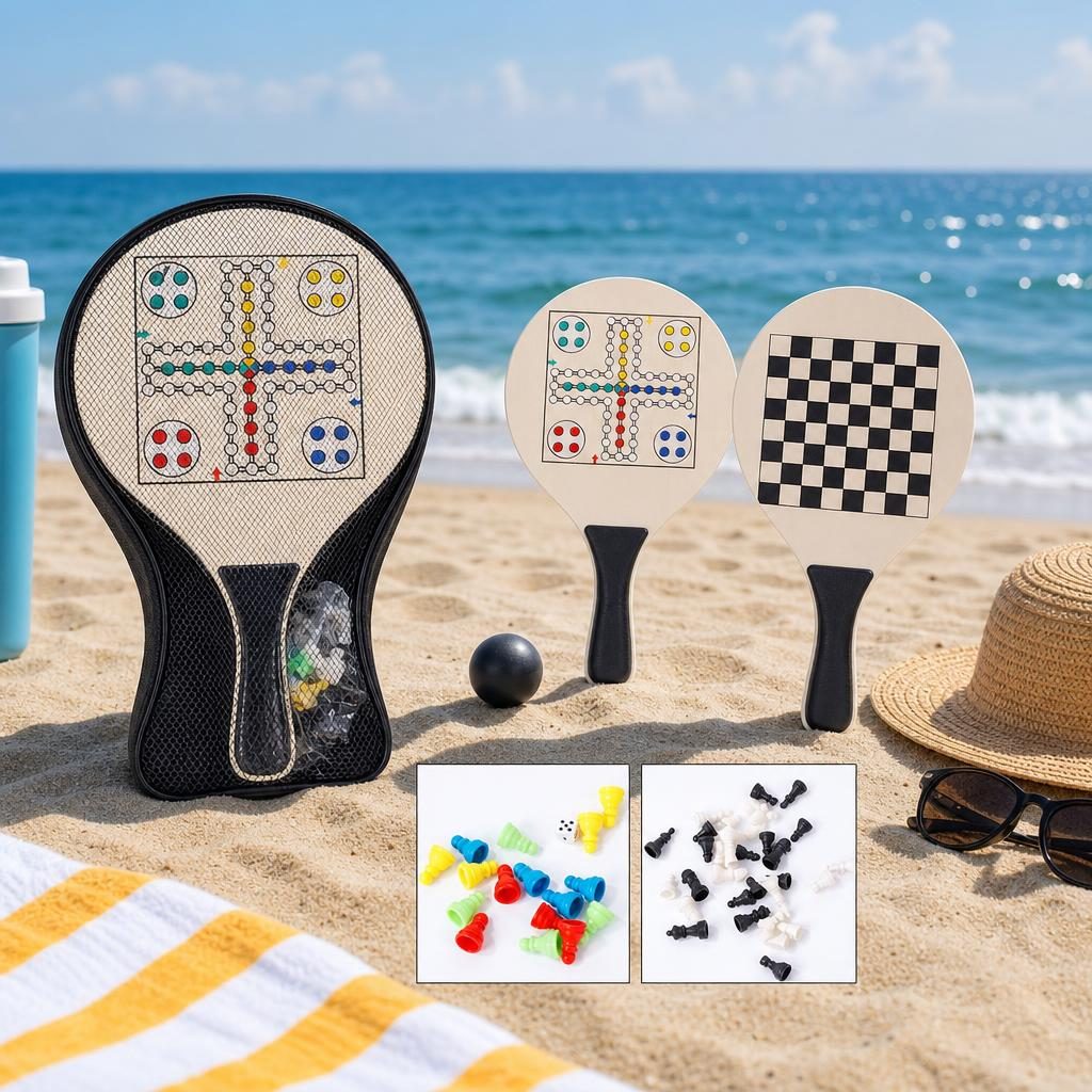 Racheta de Plaja Multifunctionala, Flippy, Paleta cu Jocuri Integrate Sah si Nu Te Supara Frate, Minge si Piese de Joc Incluse, 23.5 x 38 cm, Multicolor