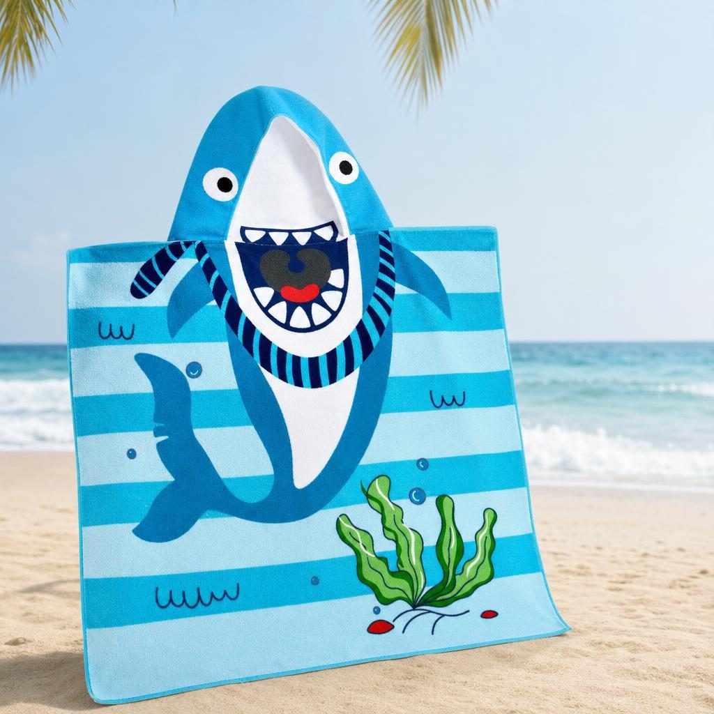 Prosop de Plaja, , Model Rechin, Material Textil Usor si Absorbant, Uscare Rapida, Atingere Placuta si Confort dupa Baie sau Inot, Ideal pentru Plaja, Picnic, Piscina, Camping si Vacante, Dimensiuni 60 x 120 cm / 120 cm, Albastru 3