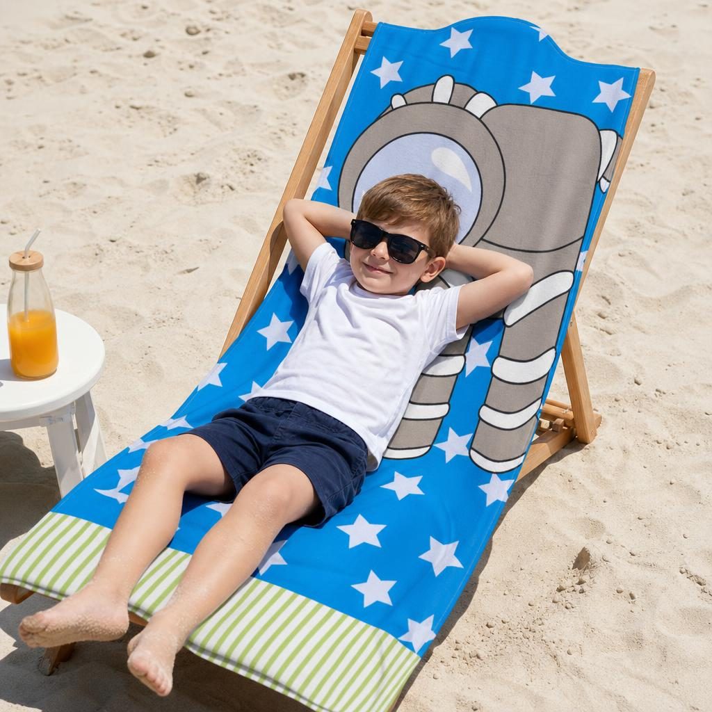 Prosop de Plaja, Flippy, Model Astronaut, Material Textil Usor si Absorbant, Uscare Rapida, Atingere Placuta si Confort dupa Baie sau Inot, Ideal pentru Plaja, Picnic, Piscina, Camping si Vacante, Dimensiuni 60 x 120 cm / 120 cm, Albastru