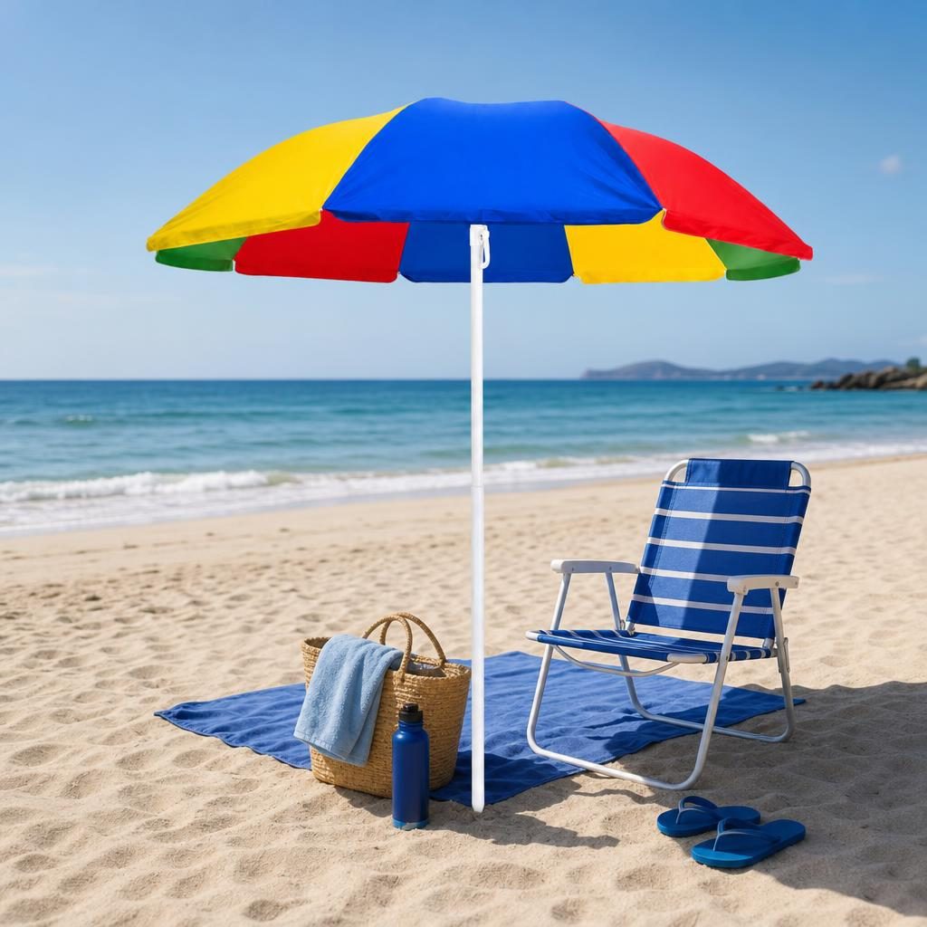 Umbrela de Plaja, , Model Curcubeu, Tija Stabila si Suprafata pentru Umbrire, Ofera Umbra, Protectie Solara si Confort la Exterior, Ideal pentru Plaja, Picnic, Piscina, Camping si Vacante, Multicolor 2