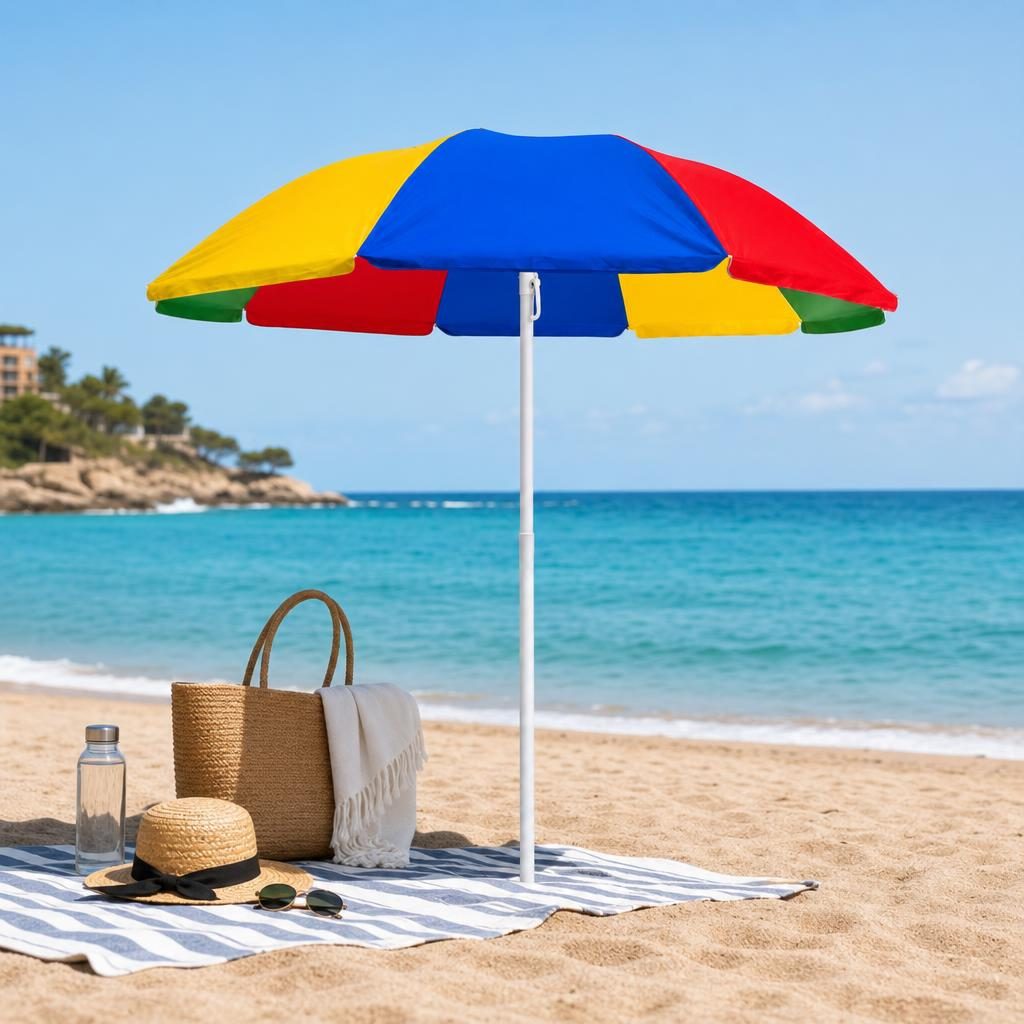 Umbrela de Plaja, , Model Curcubeu, Tija Stabila si Suprafata pentru Umbrire, Ofera Umbra, Protectie Solara si Confort la Exterior, Ideal pentru Plaja, Picnic, Piscina, Camping si Vacante, 220 cm, Multicolor 2