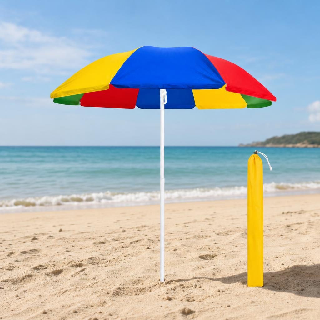 Umbrela de Plaja, , Model Curcubeu, Tija Stabila si Suprafata pentru Umbrire, Ofera Umbra, Protectie Solara si Confort la Exterior, Ideal pentru Plaja, Picnic, Piscina, Camping si Vacante, 220 cm, Multicolor 4