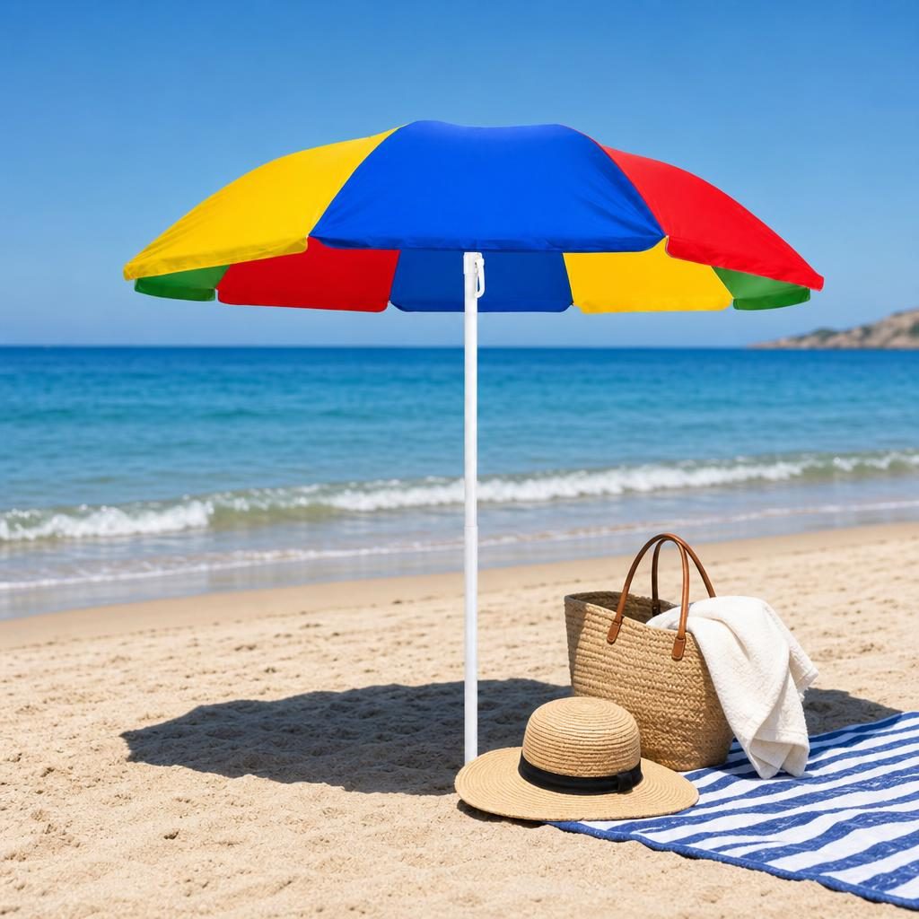 Umbrela de Plaja, , Model Curcubeu, Tija Stabila si Suprafata pentru Umbrire, Ofera Umbra, Protectie Solara si Confort la Exterior, Ideal pentru Plaja, Picnic, Piscina, Camping si Vacante, 240 cm, Multicolor 2