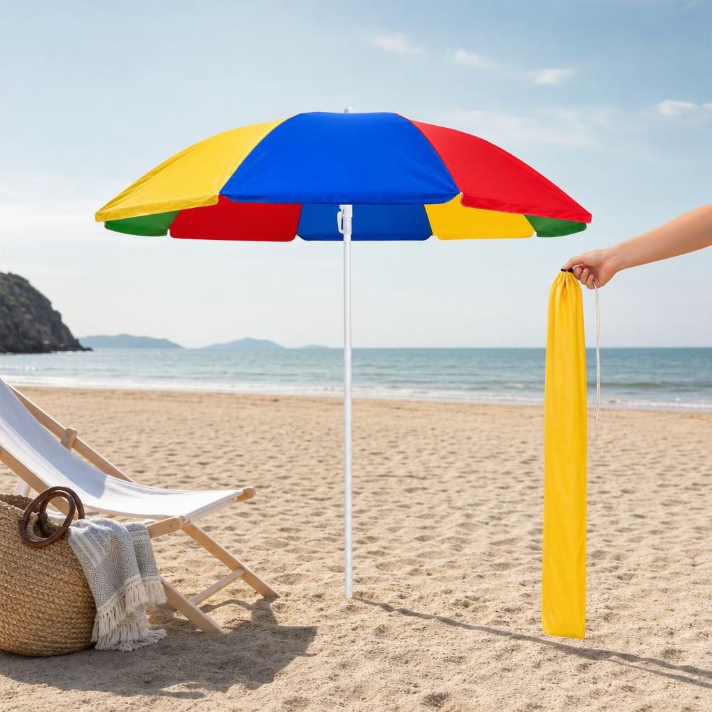Umbrela de Plaja, , Model Curcubeu, Tija Stabila si Suprafata pentru Umbrire, Ofera Umbra, Protectie Solara si Confort la Exterior, Ideal pentru Plaja, Picnic, Piscina, Camping si Vacante, 240 cm, Multicolor 3