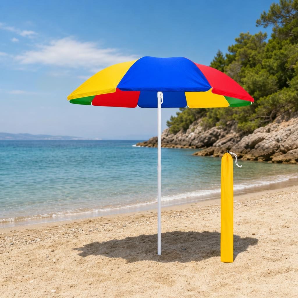 Umbrela de Plaja, , Model Curcubeu, Tija Stabila si Suprafata pentru Umbrire, Ofera Umbra, Protectie Solara si Confort la Exterior, Ideal pentru Plaja, Picnic, Piscina, Camping si Vacante, 240 cm, Multicolor 4
