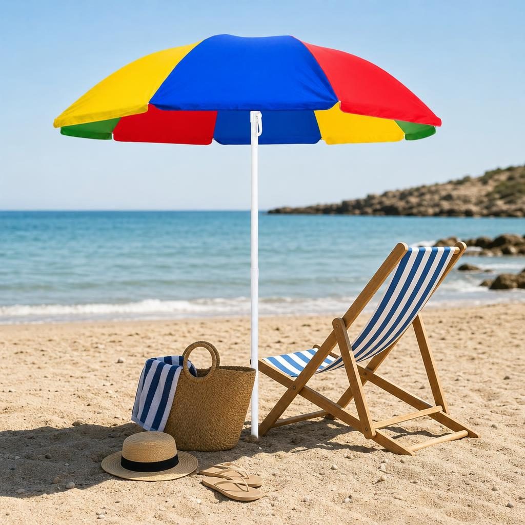 Umbrela de Plaja, , Model Curcubeu, Tija Stabila si Suprafata pentru Umbrire, Ofera Umbra, Protectie Solara si Confort la Exterior, Ideal pentru Plaja, Picnic, Piscina, Camping si Vacante, 140 cm, Multicolor 2