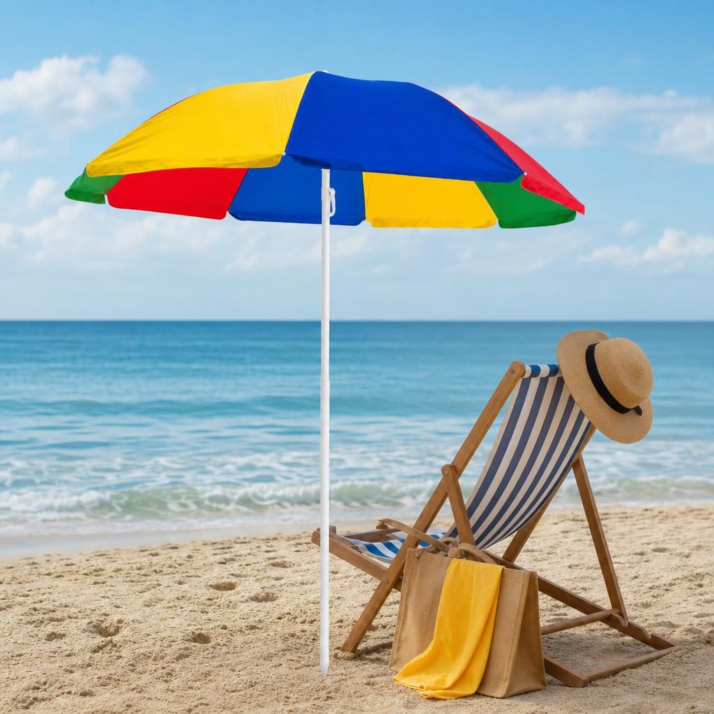 Umbrela de Plaja, , Model Curcubeu, Tija Stabila si Suprafata pentru Umbrire, Ofera Umbra, Protectie Solara si Confort la Exterior, Ideal pentru Plaja, Picnic, Piscina, Camping si Vacante, 140 cm, Multicolor 4