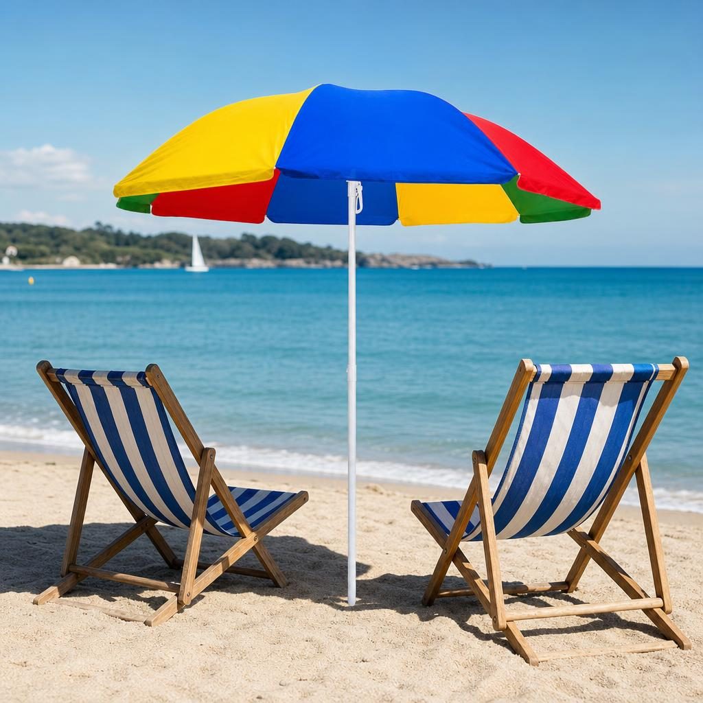 Umbrela de Plaja, , Model Curcubeu, Tija Stabila si Suprafata pentru Umbrire, Ofera Umbra, Protectie Solara si Confort la Exterior, Ideal pentru Plaja, Picnic, Piscina, Camping si Vacante, 160 cm, Multicolor 2