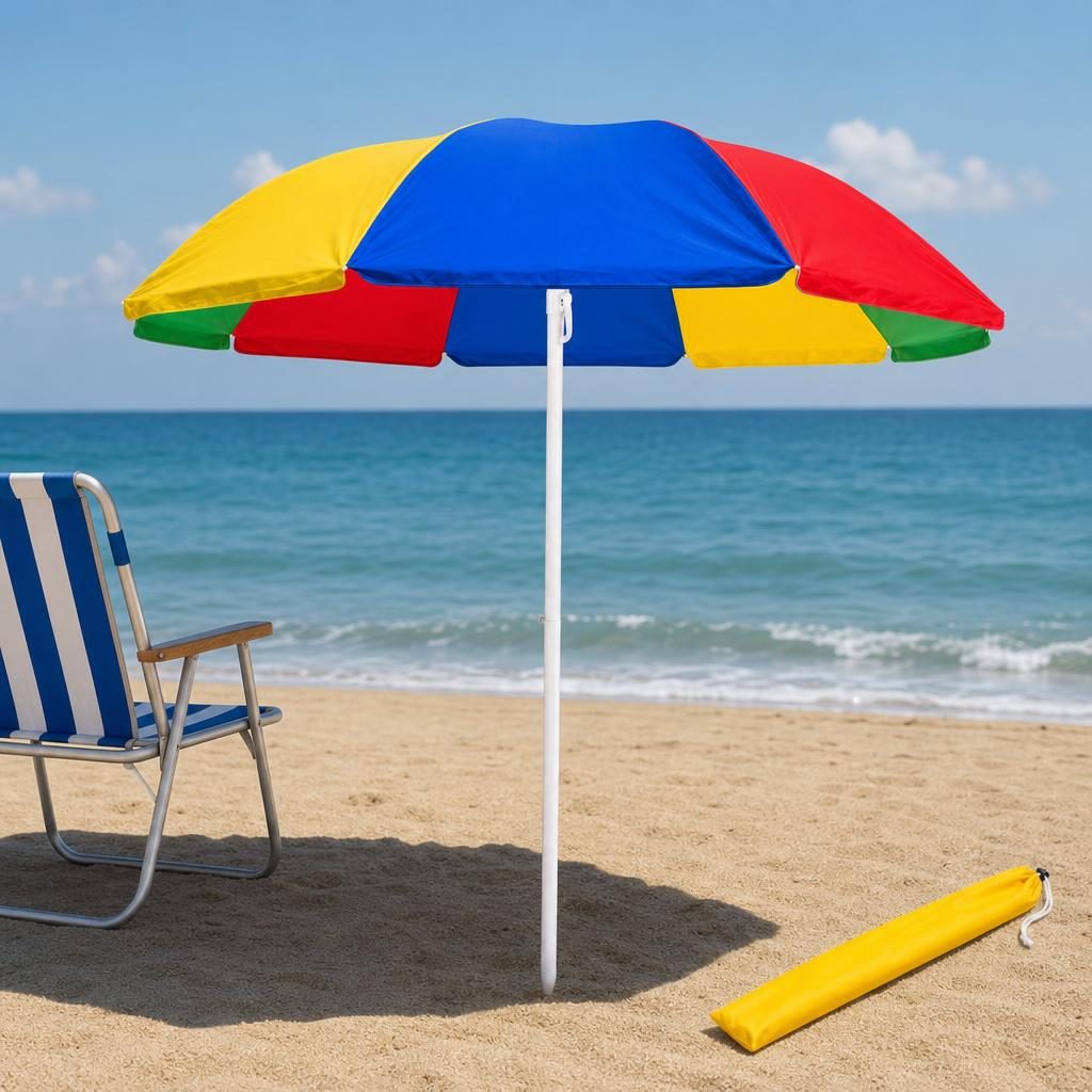 Umbrela de Plaja, , Model Curcubeu, Tija Stabila si Suprafata pentru Umbrire, Ofera Umbra, Protectie Solara si Confort la Exterior, Ideal pentru Plaja, Picnic, Piscina, Camping si Vacante, 160 cm, Multicolor 4