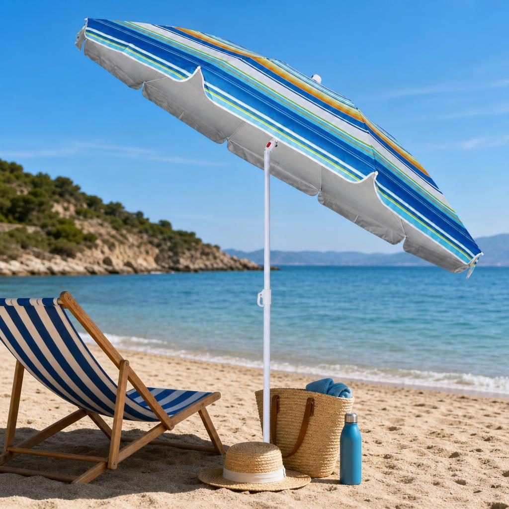 Umbrela de Plaja, , Model de Vara cu Protectie Solara, Tija Stabila si Suprafata pentru Umbrire, Ofera Umbra, Protectie Solara si Confort la Exterior, Ideal pentru Plaja, Picnic, Piscina, Camping si Vacante, 240 cm, Multicolor 2