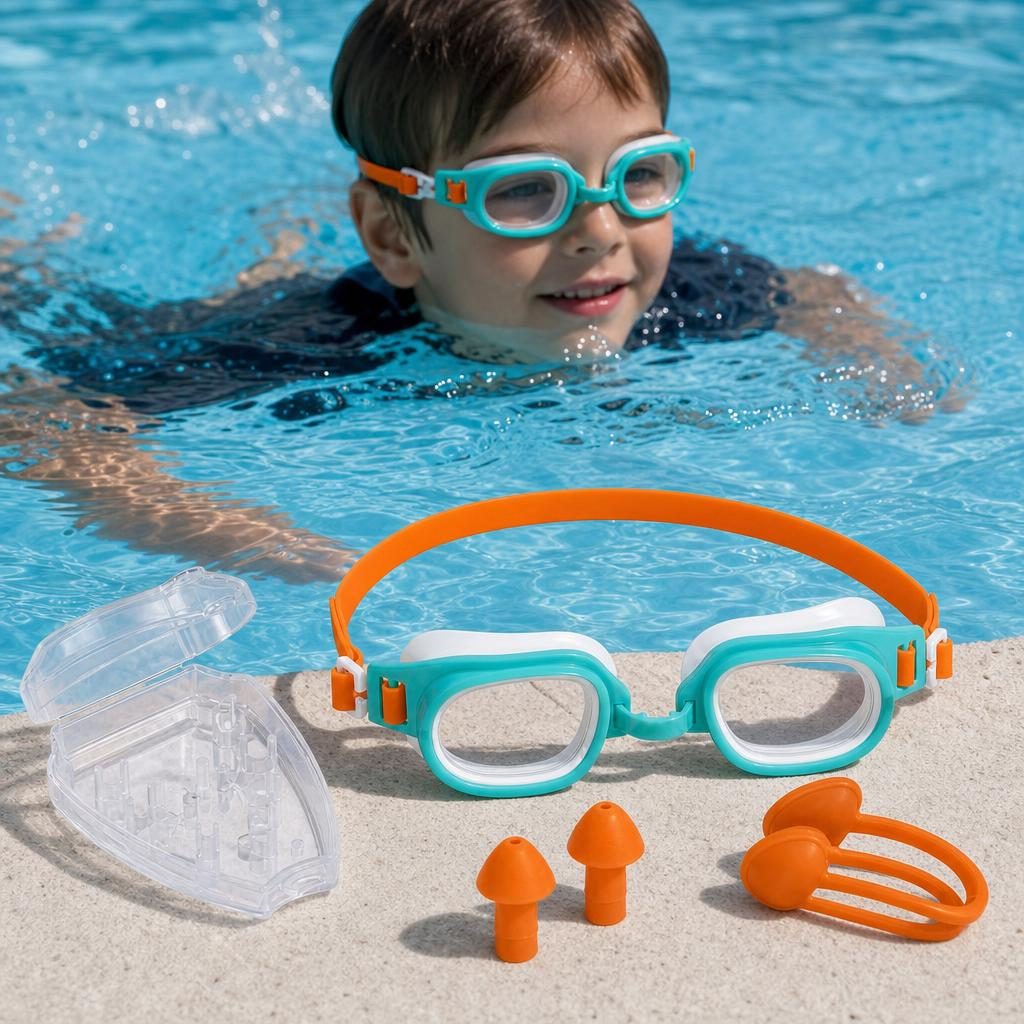 Set complet pentru inot cu ochelari, dopuri de urechi si clema de nas din silicon, lentile anti-ceata si cutie de depozitare incluse., , Model pentru Copii 7-14 Ani,Multicolor 3