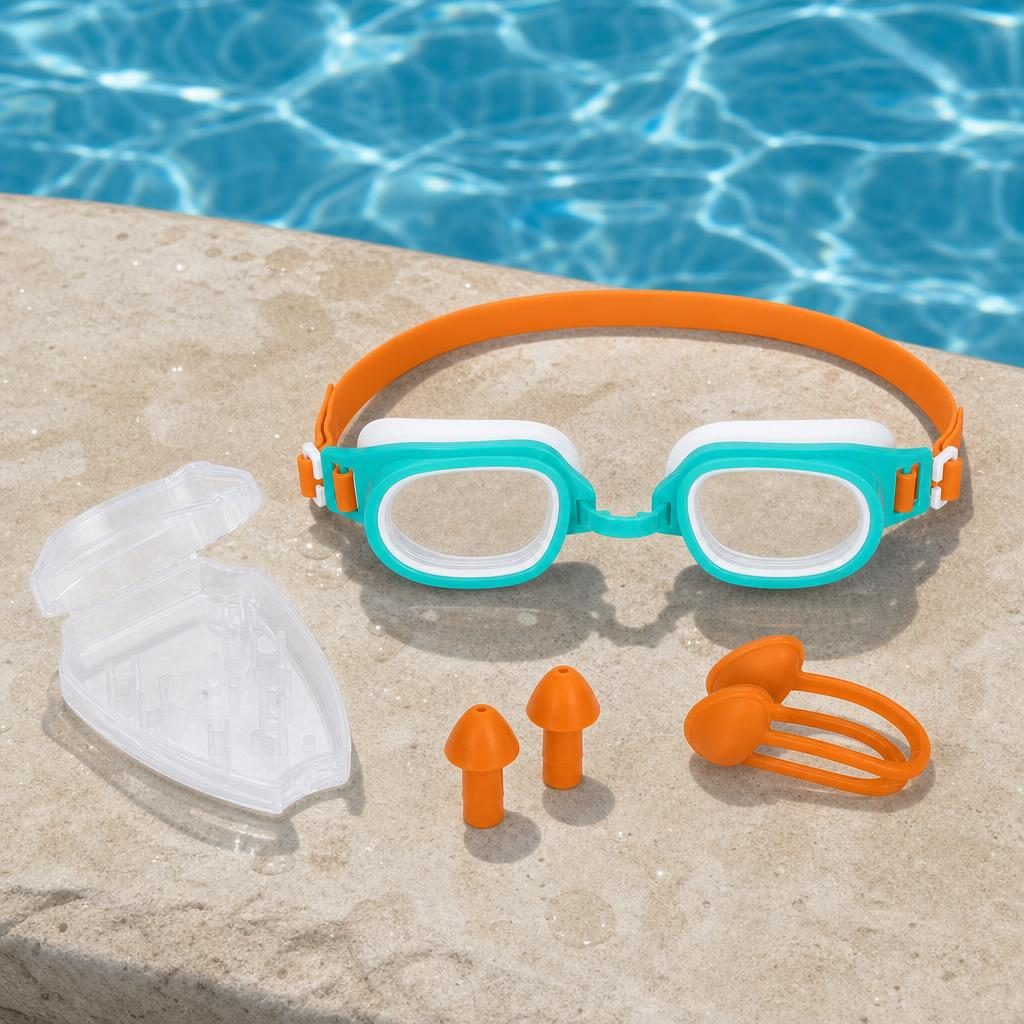 Set complet pentru inot cu ochelari, dopuri de urechi si clema de nas din silicon, lentile anti-ceata si cutie de depozitare incluse., , Model pentru Copii 7-14 Ani,Multicolor 5