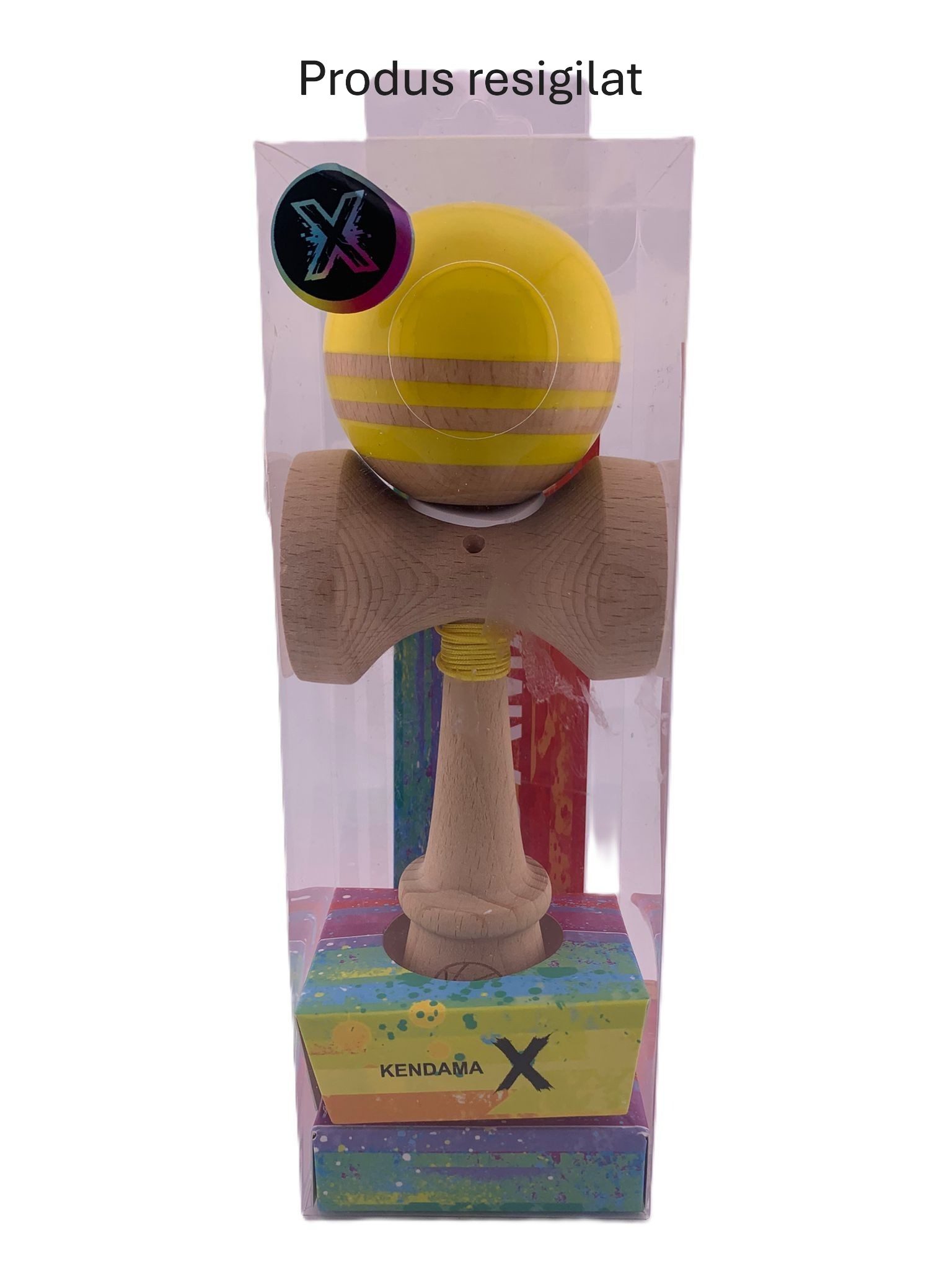 RESIGILAT - Kendama X Originala RAINBOW, Profesionala, Flippy, Cupe Mari KING SIZE V3, Super Sticky, Gaura in Baza, Rulment Metalic, din lemn 18 cm, Ata 62/65 cm, Galben/Maro