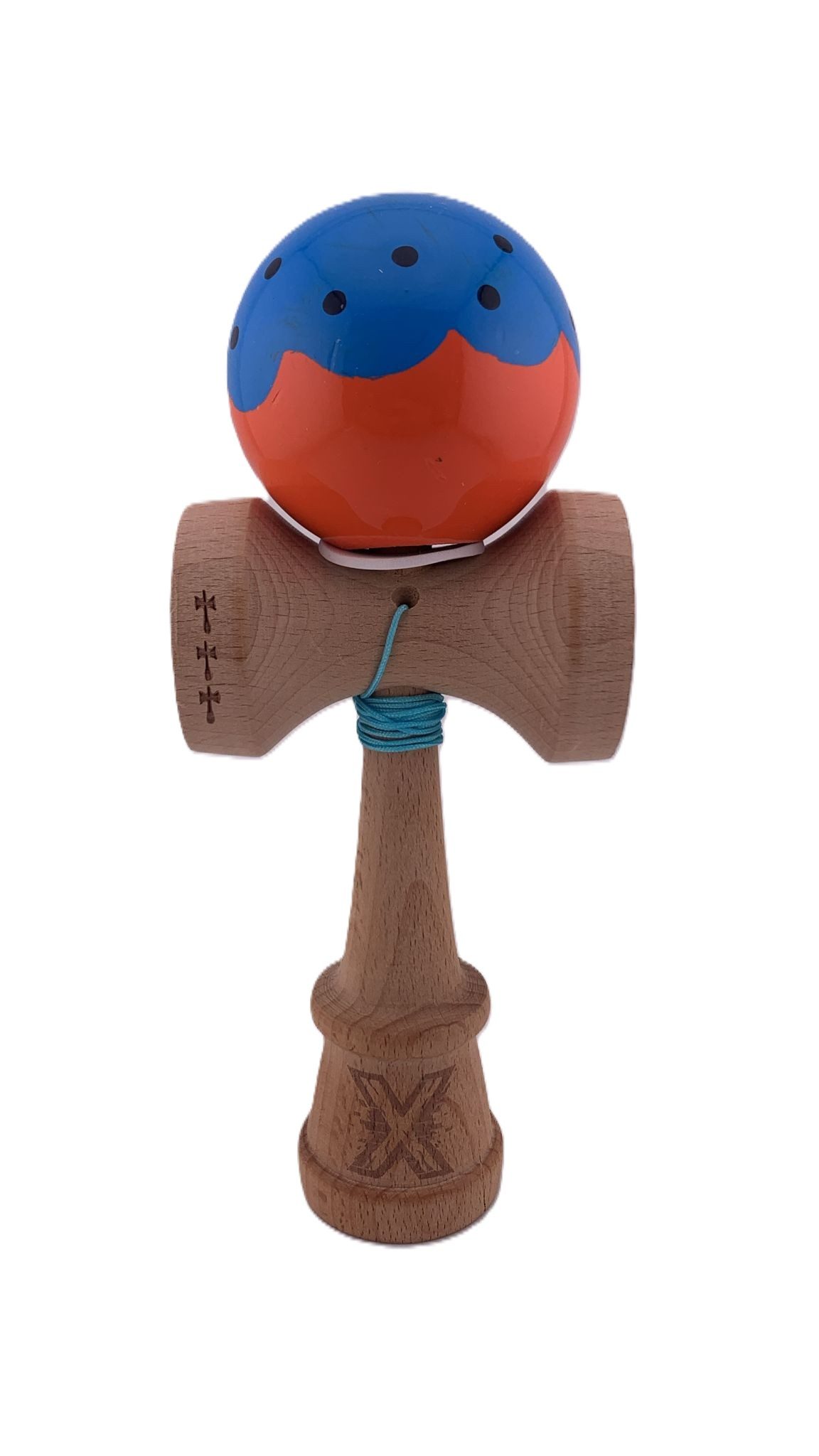 RESIGILAT - Kendama X Originala, Profesionala, Flippy, Super Sticky cu Cupe Mari KING SIZE V3, Gaura in Baza, din lemn 18 cm, Ata 62/65 cm, Special Albastru/Portocaliu