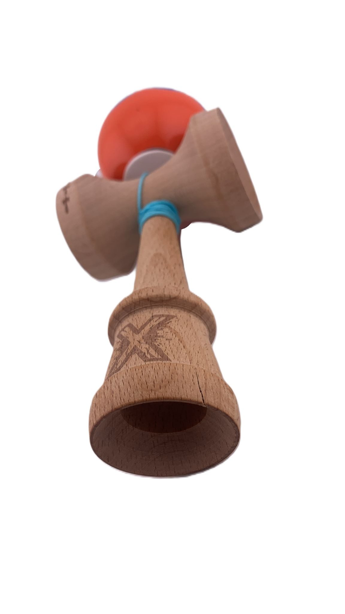 RESIGILAT - Kendama X Originala, Profesionala, Flippy, Super Sticky cu Cupe Mari KING SIZE V3, Gaura in Baza, din lemn 18 cm, Ata 62/65 cm, Special Albastru/Portocaliu