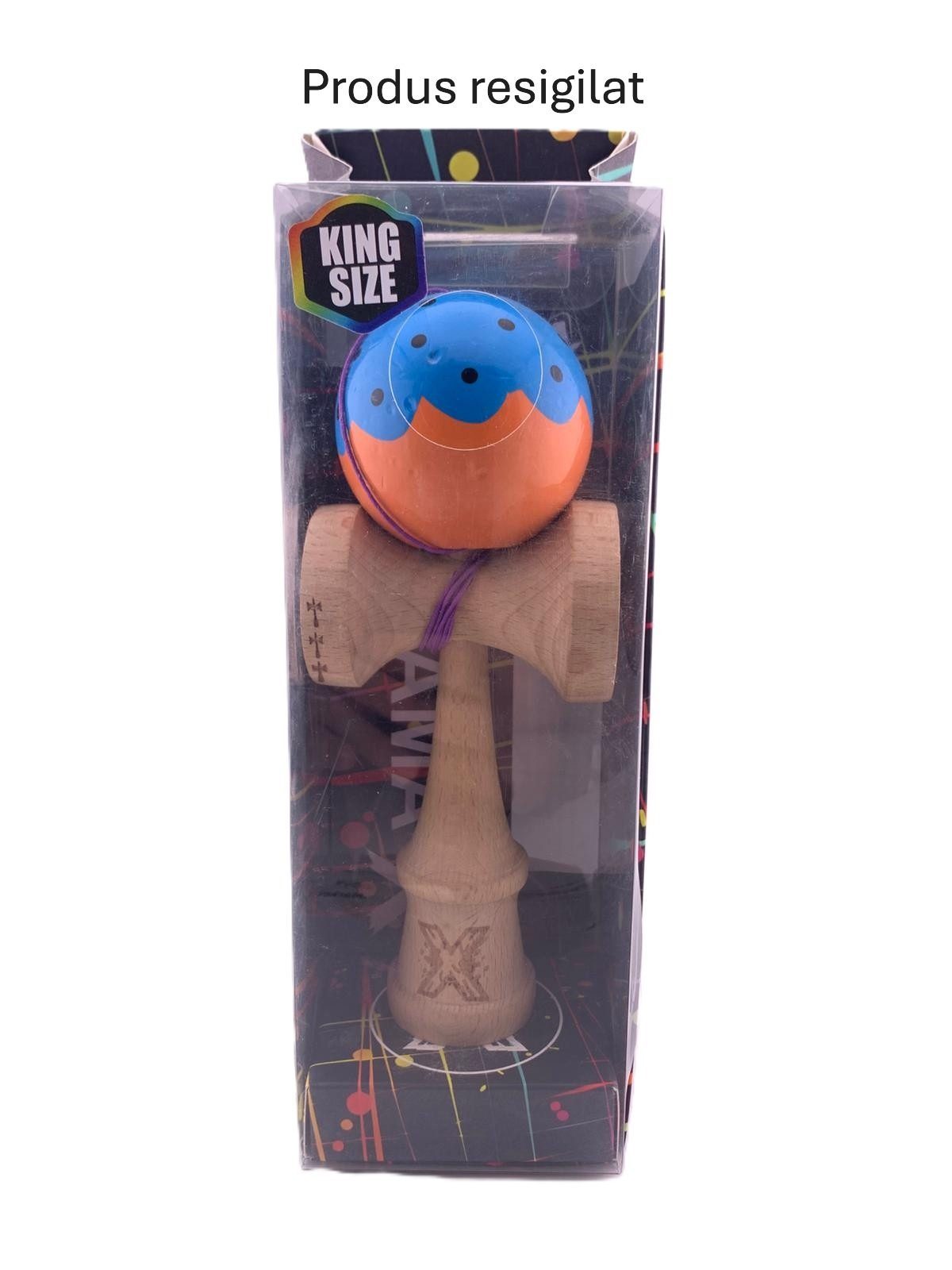 RESIGILAT - Kendama X Originala, Profesionala, Flippy, Super Sticky cu Cupe Mari KING SIZE V3, Gaura in Baza, din lemn 18 cm, Ata 62/65 cm, Special Albastru/Portocaliu