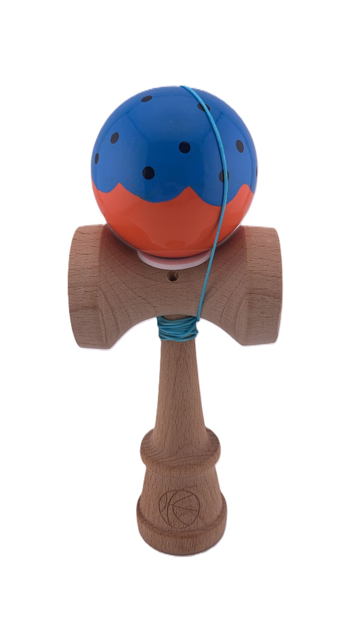 RESIGILAT - Kendama X Originala, Profesionala, Flippy, Super Sticky cu Cupe Mari KING SIZE V3, Gaura in Baza, din lemn 18 cm, Ata 62/65 cm, Special Albastru/Portocaliu