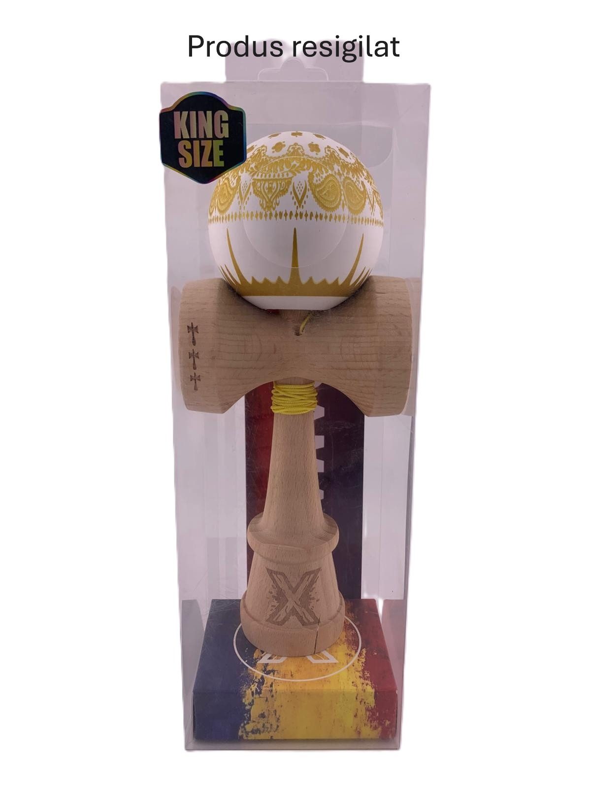 RESIGILAT - Kendama X Originala, Profesionala, Flippy, Legendary IMPERIAL, Super Sticky, Cupe Mari KING SIZE V3, Gaura in Baza, Rulment Metalic, din lemn 18 cm, Ata 62/65 cm, Alb/Auriu