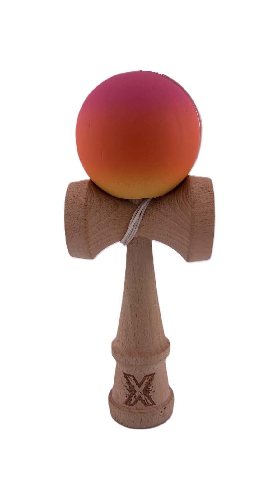 RESIGILAT - Kendama X Originala, Profesionala, Flippy, Rubber Grip, din Lemn, 18 cm, Roz/Portocaliu/Galben