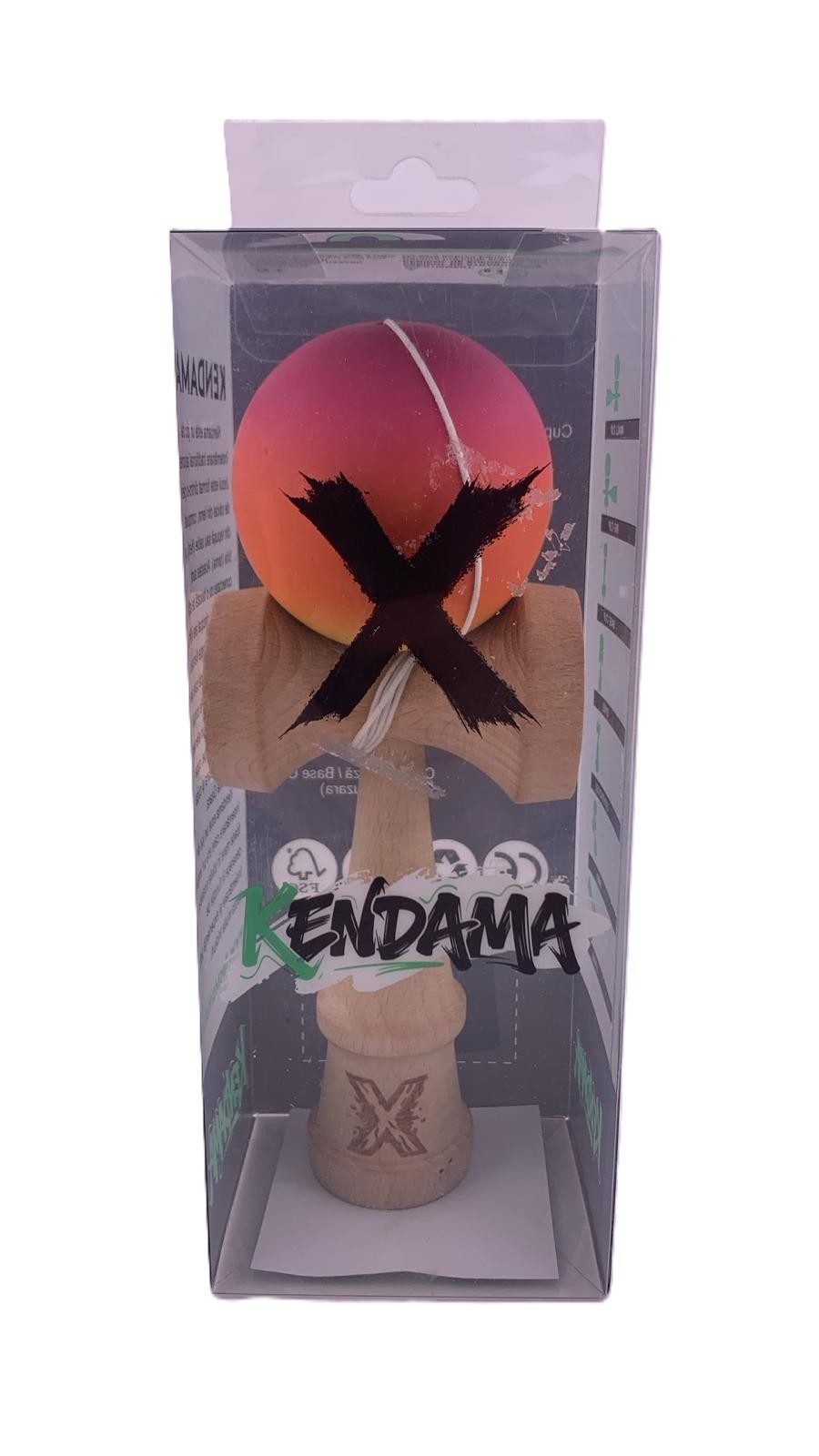 RESIGILAT - Kendama X Originala, Profesionala, Flippy, Rubber Grip, din Lemn, 18 cm, Roz/Portocaliu/Galben