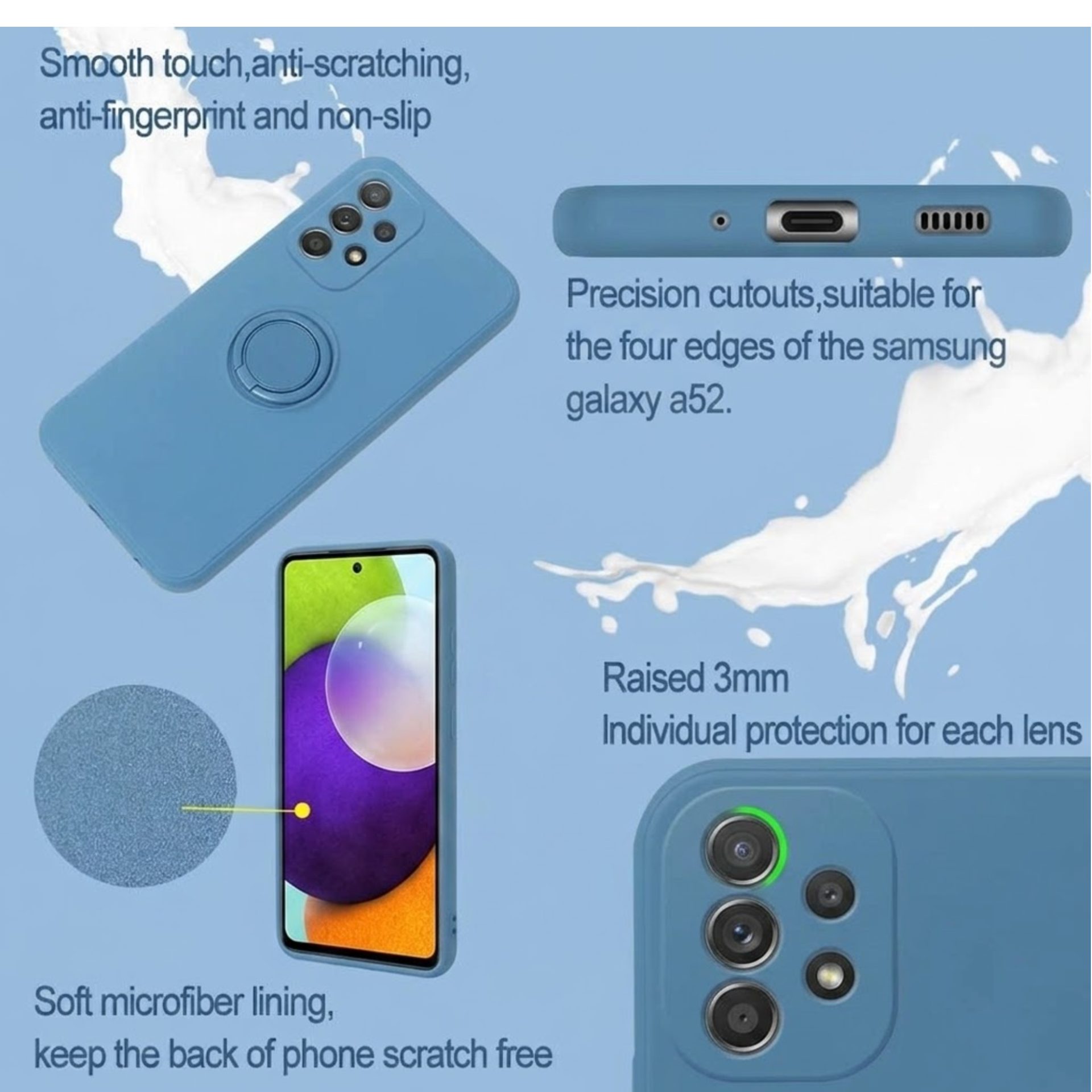 Husa protectie Flippy compatibila cu Samsung Galaxy A52 Liquid Silicone Ring cu suport rotativ Albastru deschis