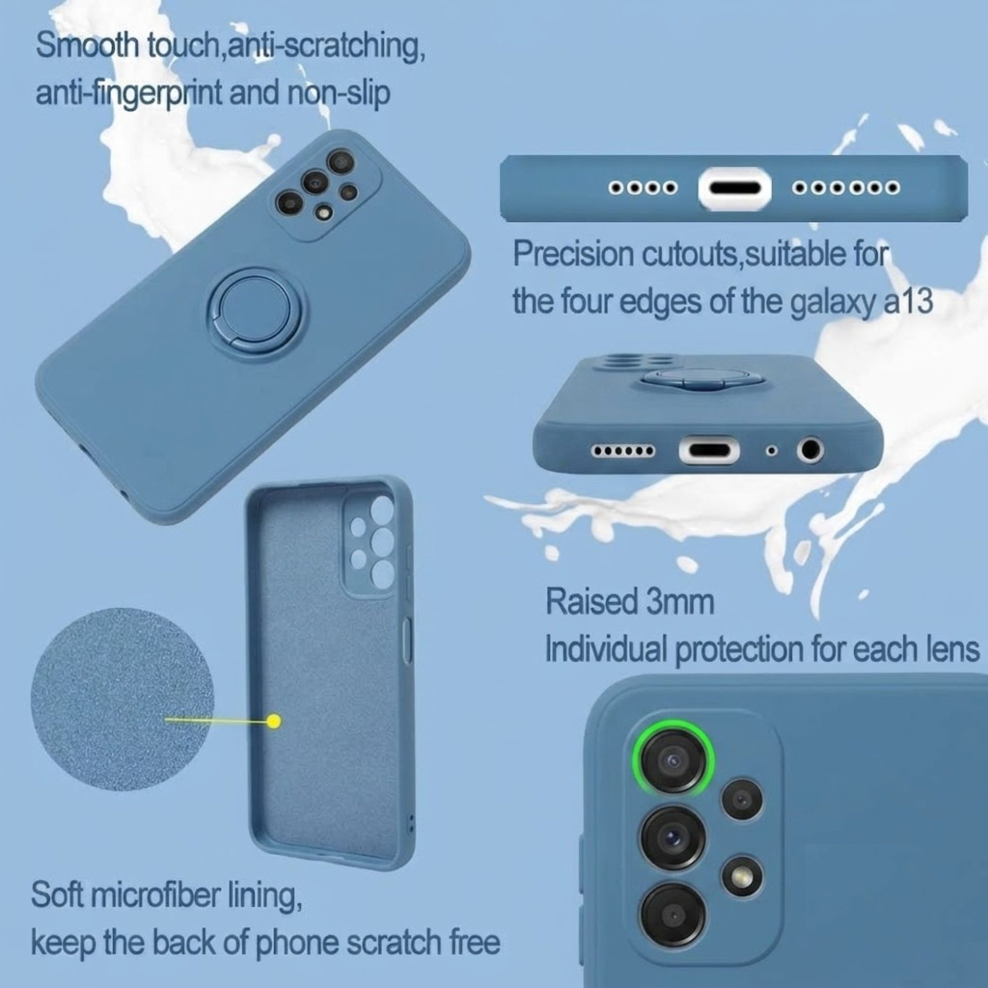 Husa protectie Flippy compatibila cu Samsung Galaxy A12 Liquid Silicone Ring cu suport rotativ Albastru deschis