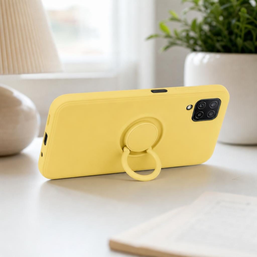 Husa protectie Flippy compatibila cu Samsung Galaxy A12 Liquid Silicone Ring cu suport rotativ Galben