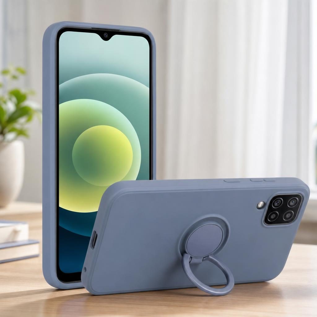 Husa protectie Flippy compatibila cu Samsung Galaxy A12 Liquid Silicone Ring cu suport rotativ Albastru deschis
