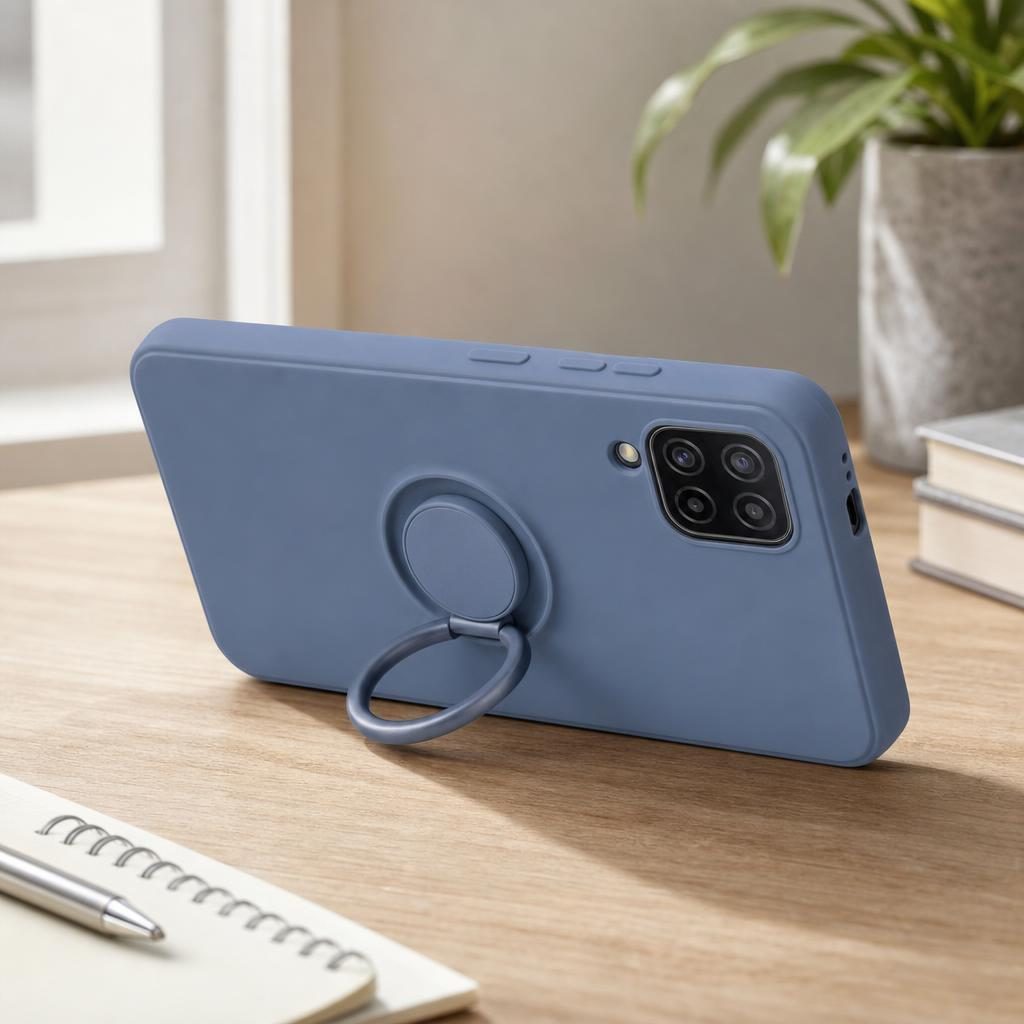 Husa protectie Flippy compatibila cu Samsung Galaxy A12 Liquid Silicone Ring cu suport rotativ Albastru deschis