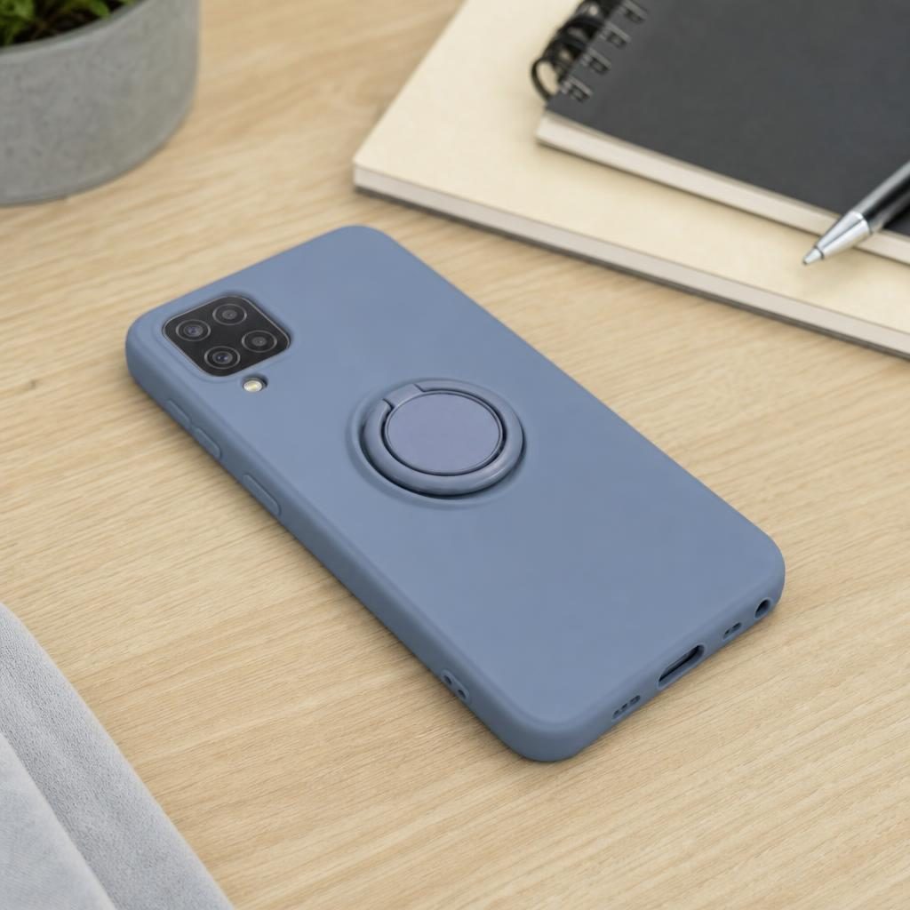 Husa protectie Flippy compatibila cu Samsung Galaxy A12 Liquid Silicone Ring cu suport rotativ Albastru deschis