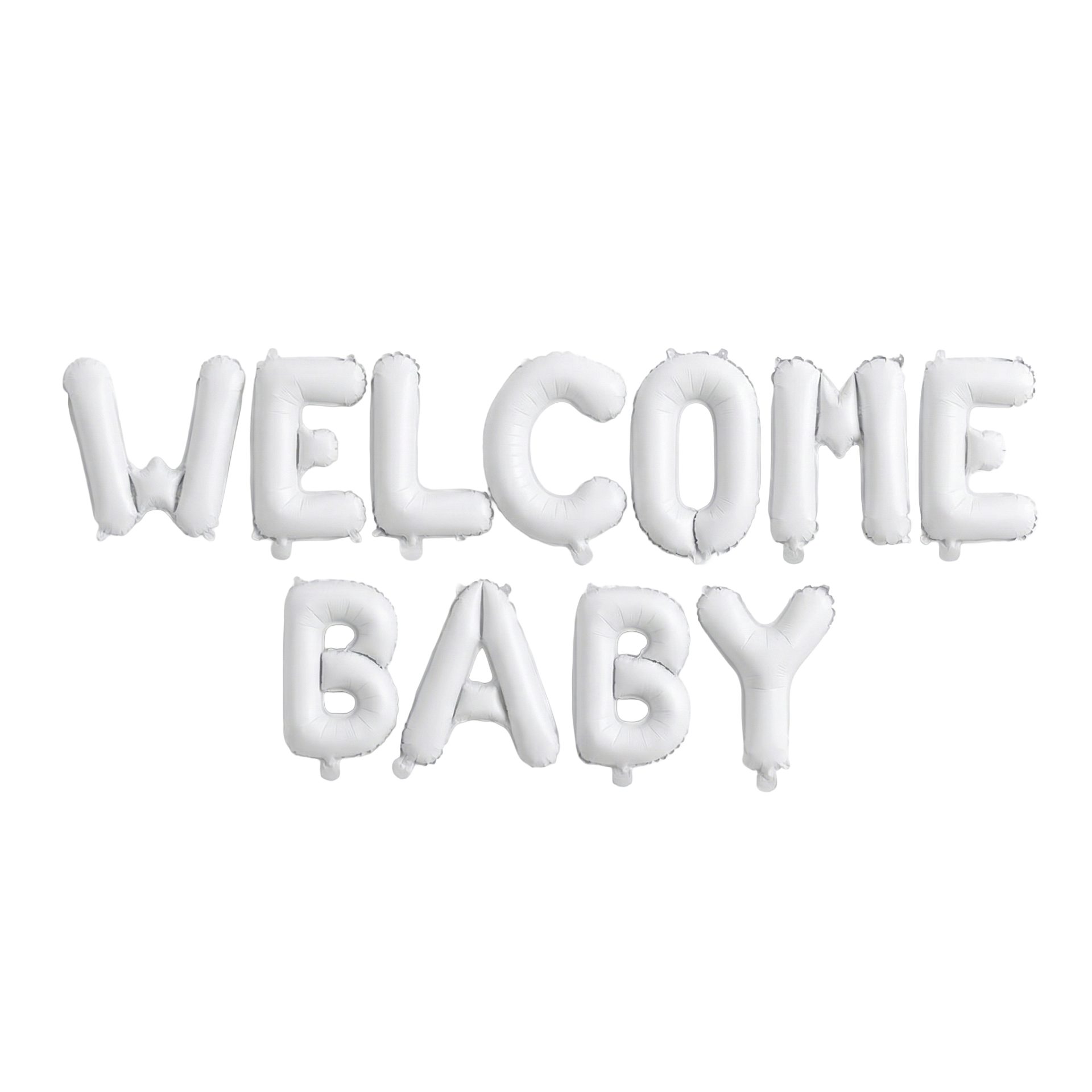 Set Baloane din Folie Metalizata, Flippy, Figurine Litere, Model Welcome Baby, Tema Aniversare, 40 cm, Ambalaj Individual, Pai inclus, Umflare cu Aer sau Heliu, Alb