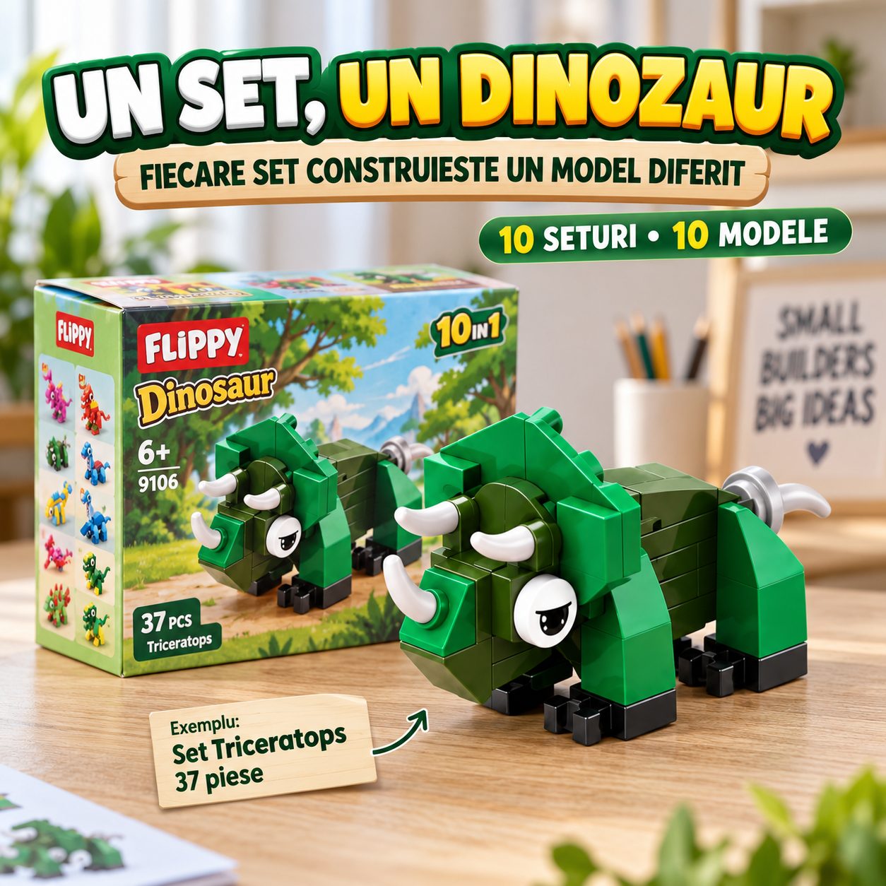 Set de Constructie, Flippy, Dinozauri 10 in 1, 371 Piese, 10 Modele de Dinozauri, Varsta 6+ Ani, 20.5 x 4.5 x 13 cm, Multicolor