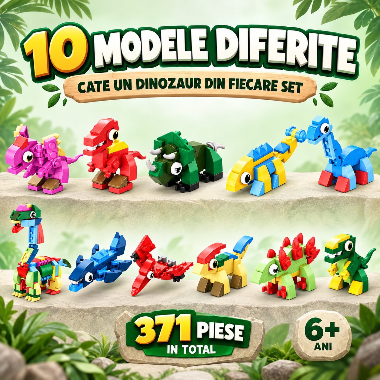Set de Constructie, Flippy, Dinozauri 10 in 1, 371 Piese, 10 Modele de Dinozauri, Varsta 6+ Ani, 20.5 x 4.5 x 13 cm, Multicolor