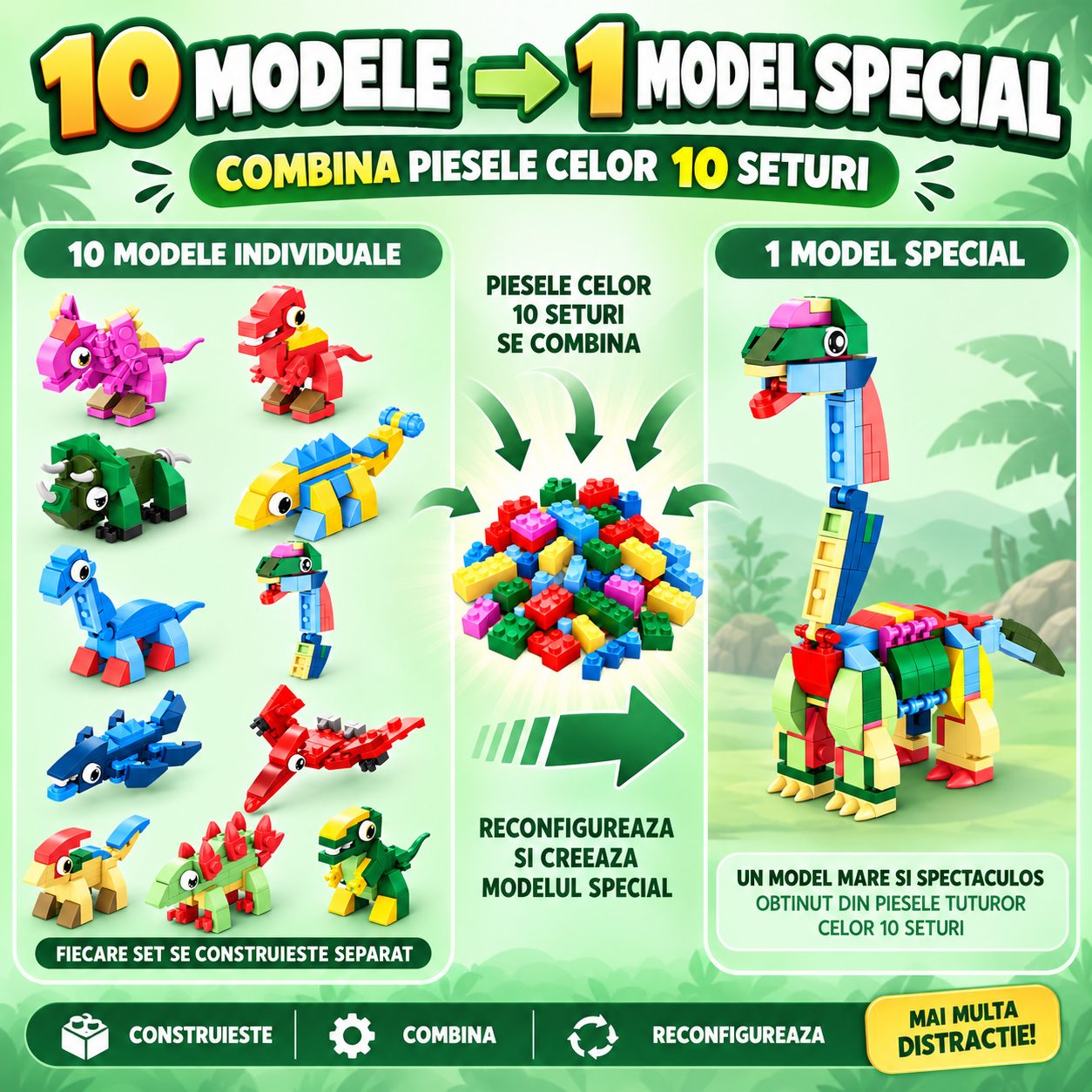 Set de Constructie, Flippy, Dinozauri 10 in 1, 371 Piese, 10 Modele de Dinozauri, Varsta 6+ Ani, 20.5 x 4.5 x 13 cm, Multicolor