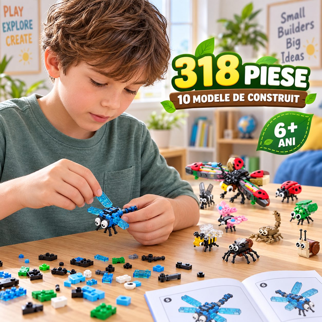Set de Constructie, Flippy, Lumea Insectelor 10 in 1, 318 Piese, 10 Modele, Varsta 6+ Ani, 14.5 x 8 x 7 cm, Multicolor
