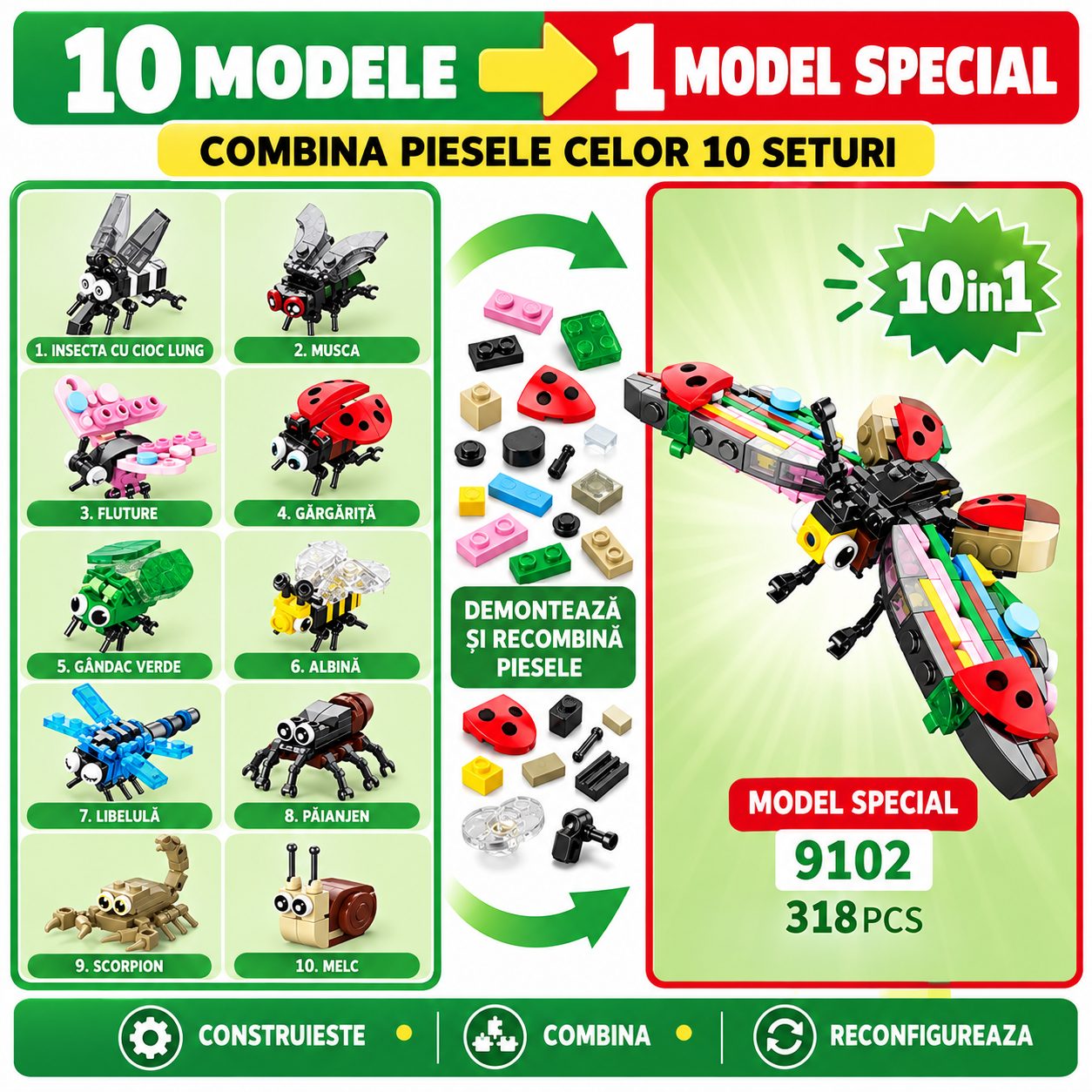 Set de Constructie, Flippy, Lumea Insectelor 10 in 1, 318 Piese, 10 Modele, Varsta 6+ Ani, 14.5 x 8 x 7 cm, Multicolor