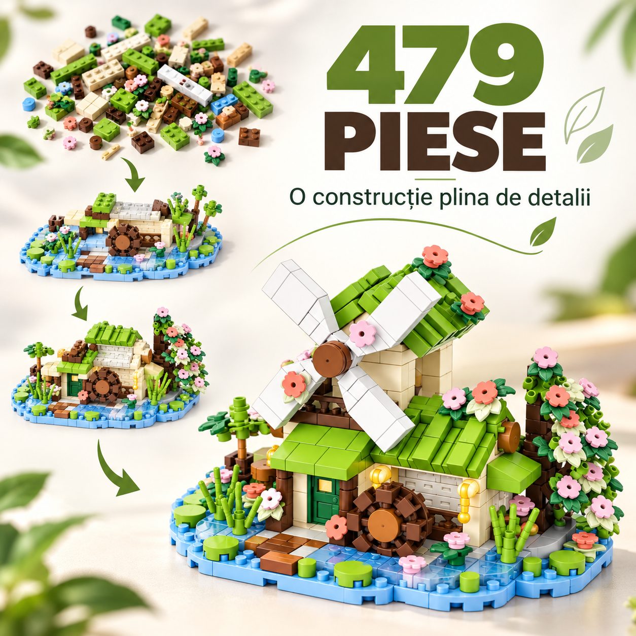 Set de Constructie, Flippy, Model Casa cu Moara de Vant, 479 Piese, 10.5x7.3x7.2 cm, Multicolor